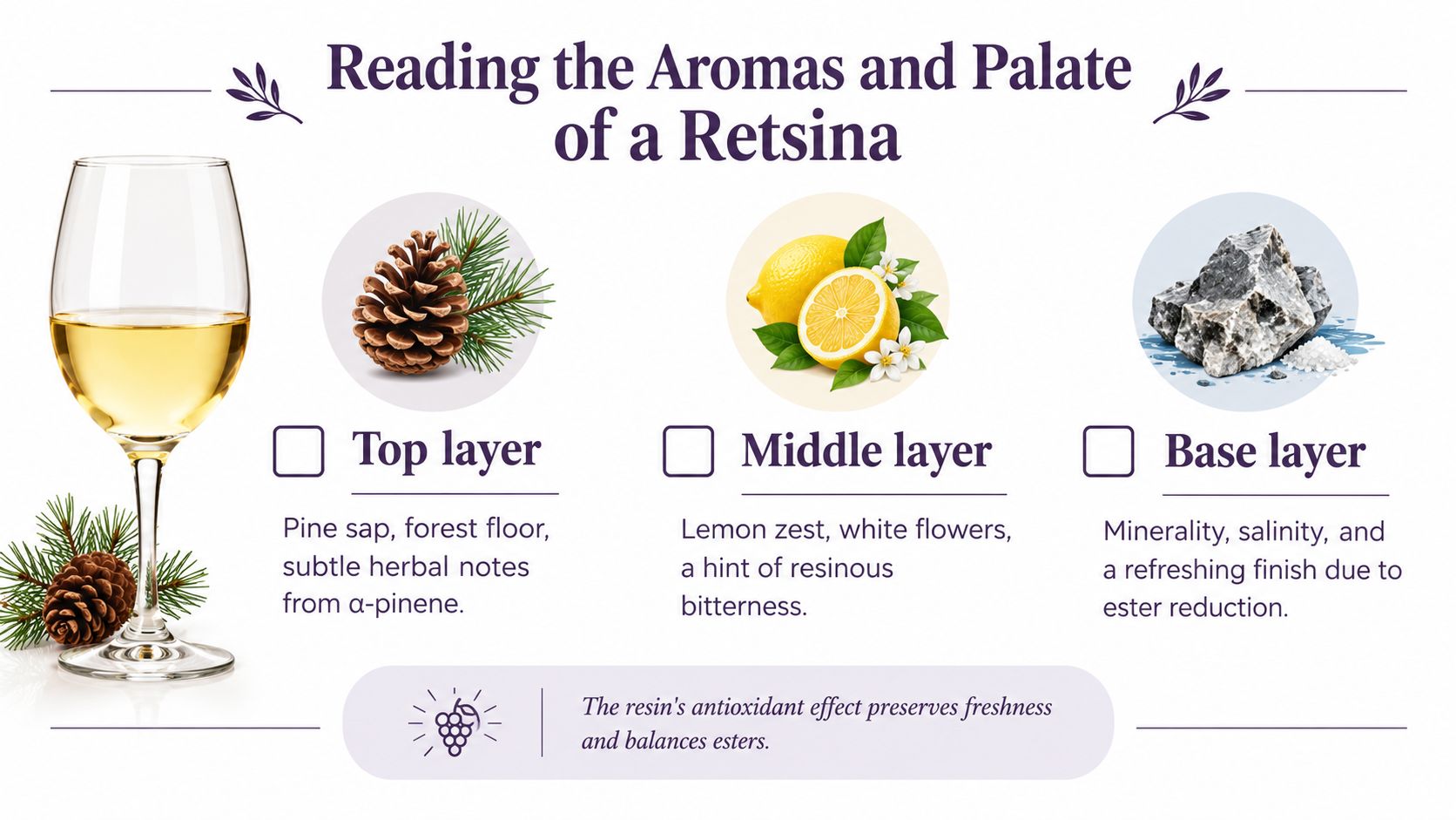 An infographic detailing the aroma and flavor profiles of Retsina Greek wine, including pine, lemon, and mineral notes.