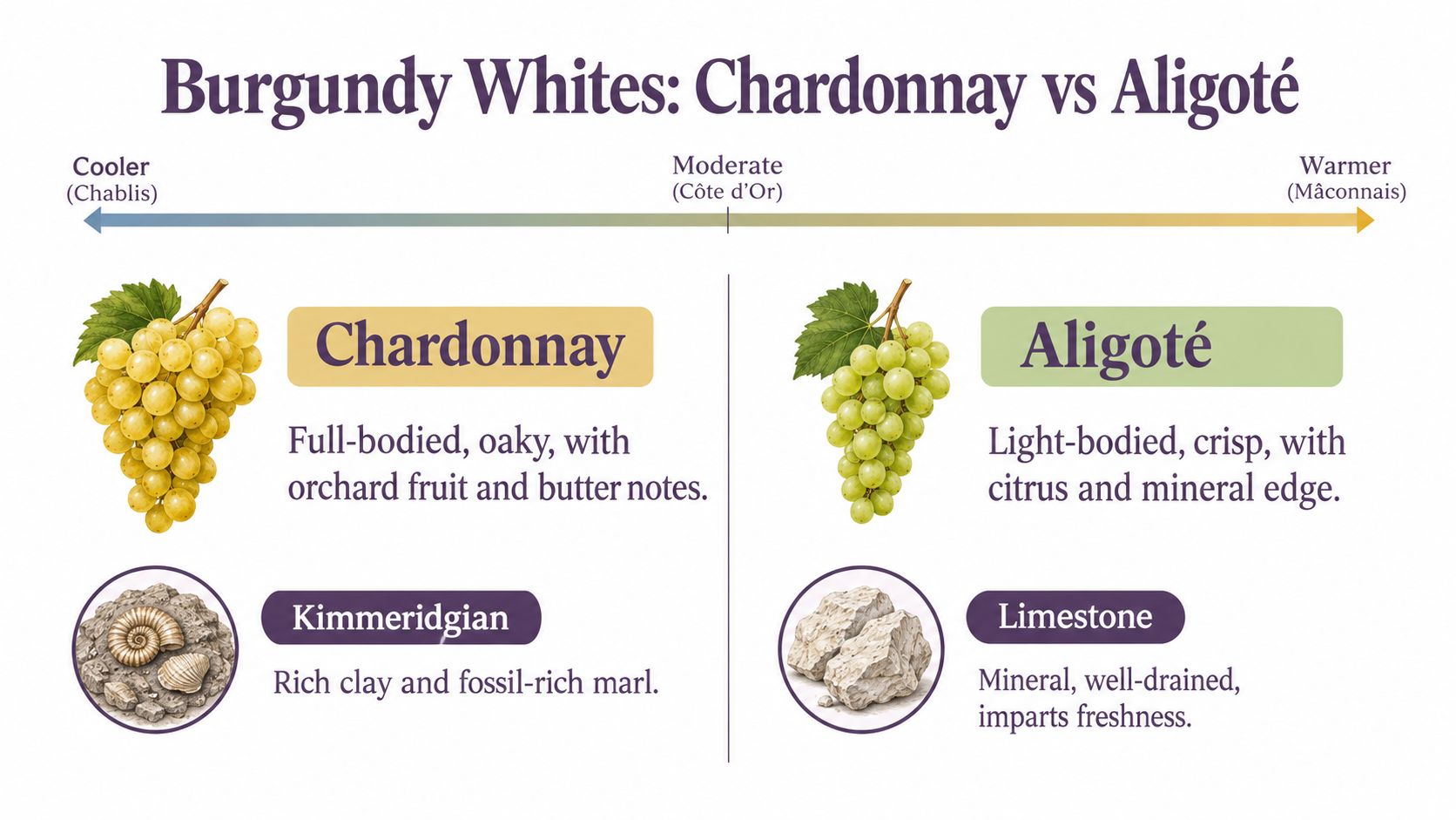 A comparison infographic between Chardonnay and Aligoté white wines from the Burgundy region of France.