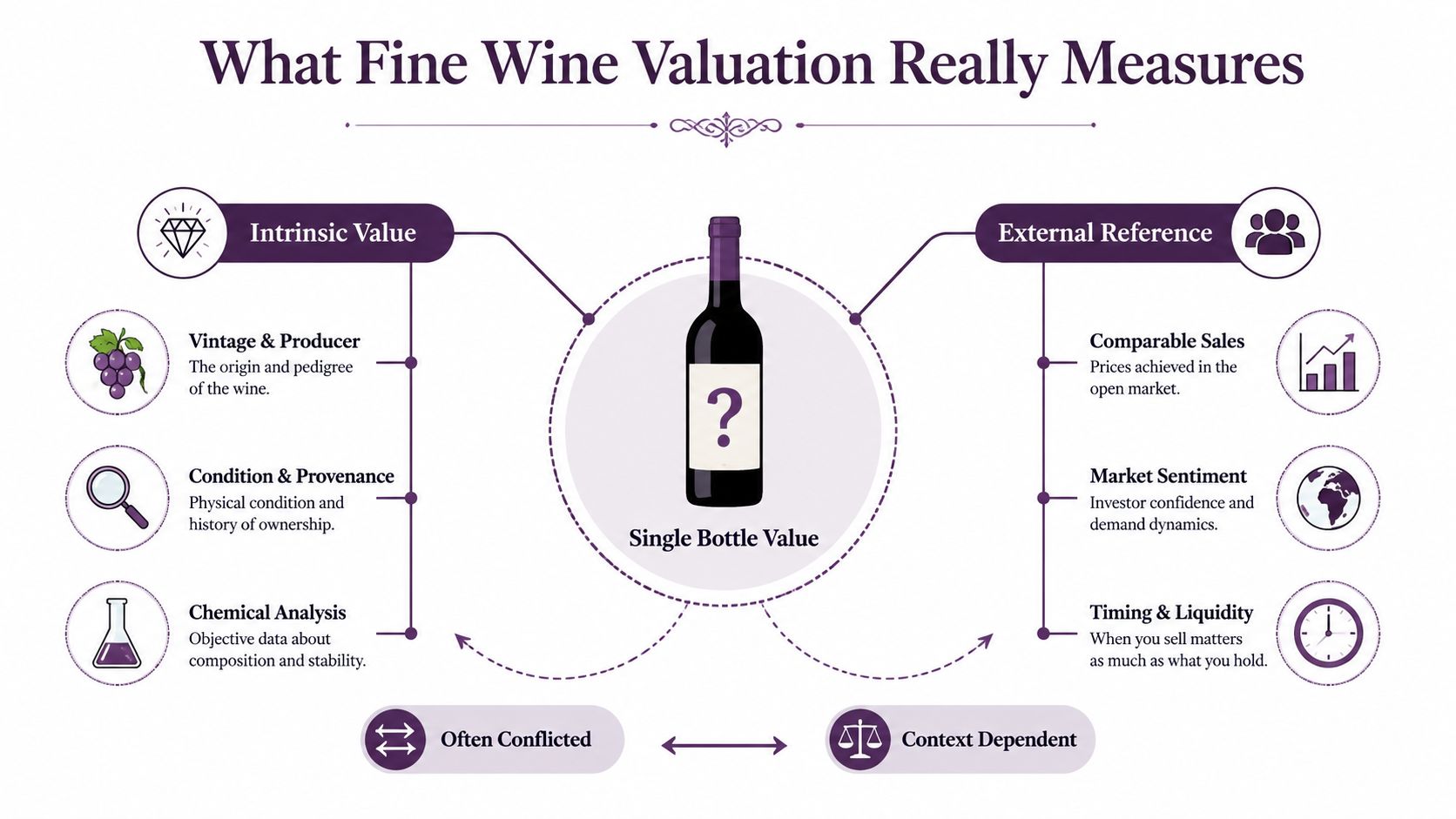 An infographic titled What Fine Wine Valuation Really Measures, showing factors for intrinsic value and external references.