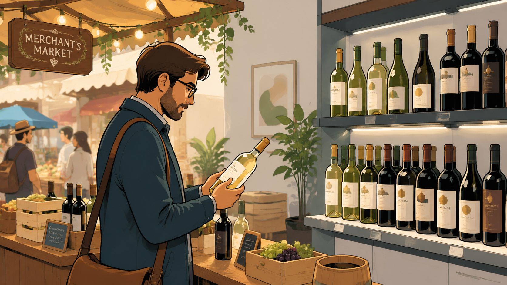 A man in a blue coat examining a bottle of wine at a cozy merchant market stall.