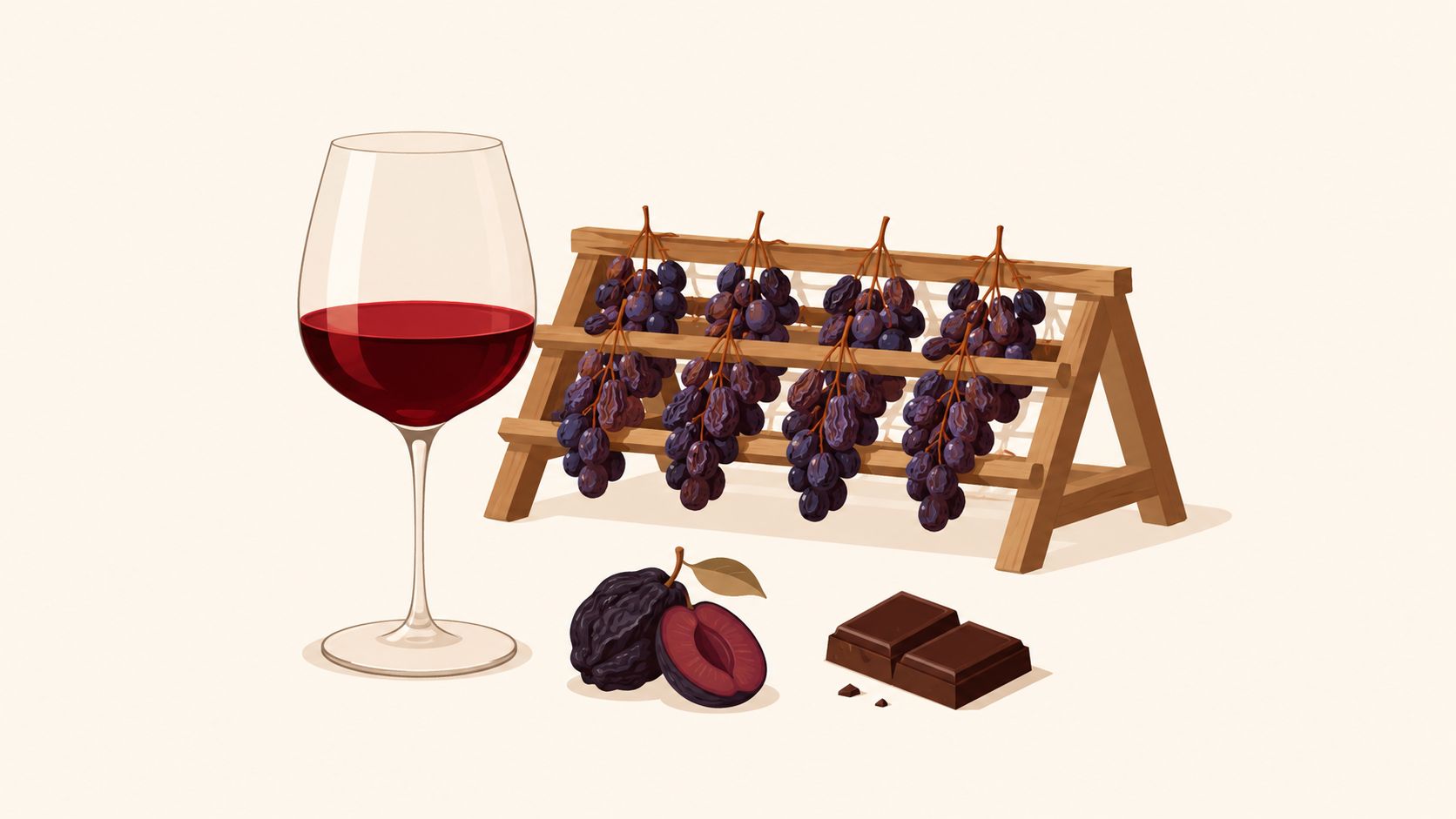 A glass of sweet red wine accompanied by grapes on a wooden rack, a plum, and chocolate.