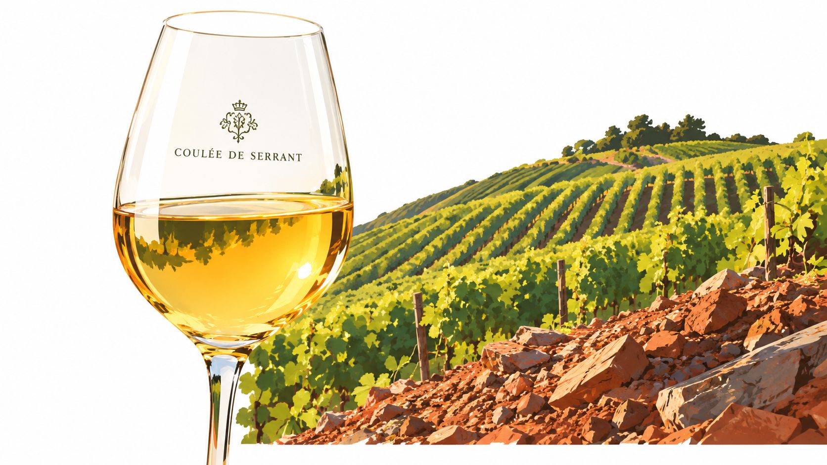 A glass of white wine placed in front of a scenic vineyard with lush green vines.