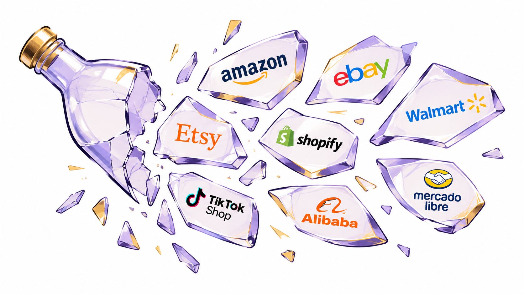 A broken glass bottle with shards featuring logos of various global e-commerce platforms.