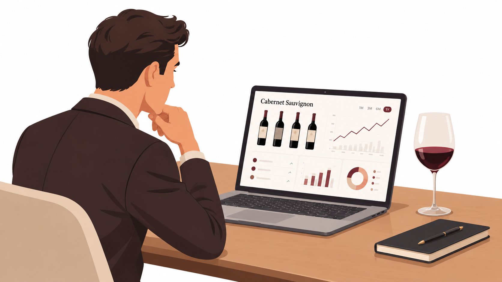 A businessman in a suit analyzing Cabernet Sauvignon wine market trends and data on his laptop screen.
