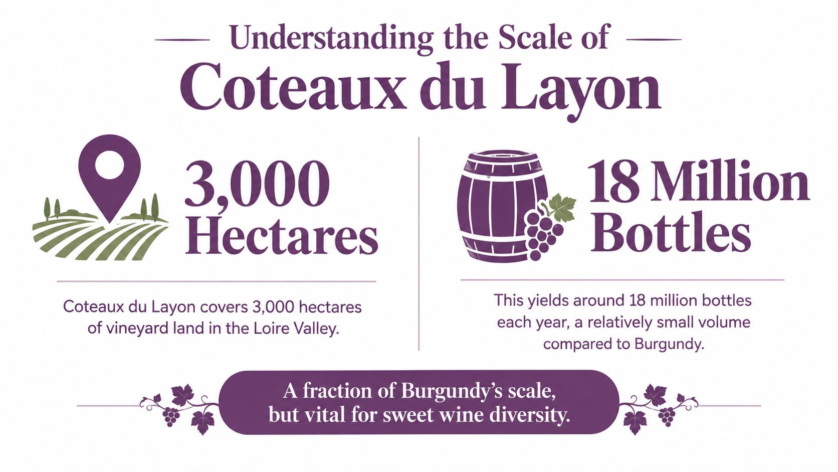 An infographic showing that the Coteaux du Layon region covers 3,000 hectares and produces 18 million wine bottles.