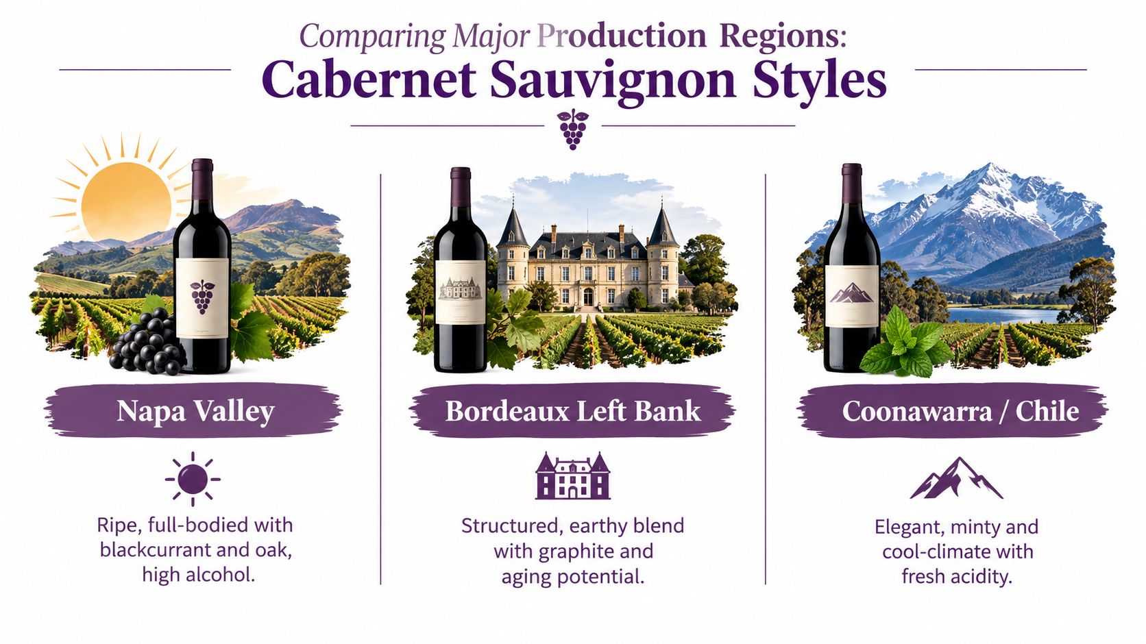 An infographic comparing three major Cabernet Sauvignon wine production regions: Napa Valley, Bordeaux Left Bank, and Coonawarra/Chile.