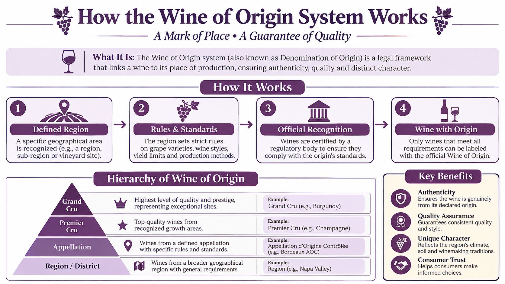An infographic titled How the Wine of Origin System Works explaining regional regulations, standards, and hierarchy.