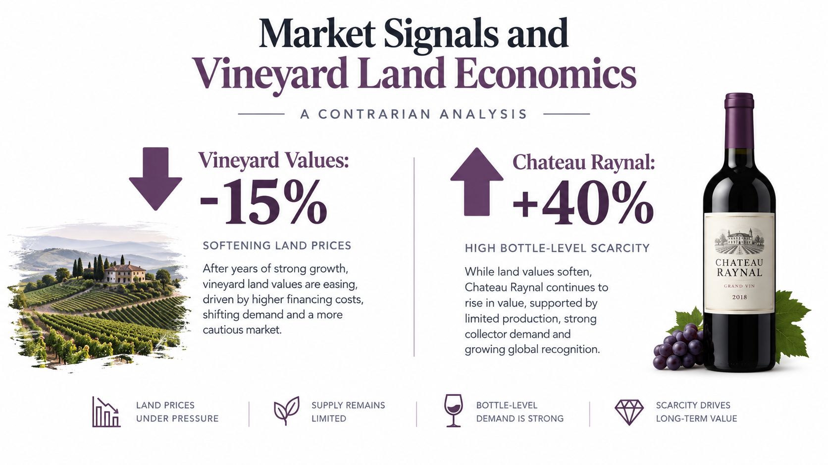 An infographic contrasting the 15% decrease in vineyard land values with a 40% increase in Chateau Raynal wine value.