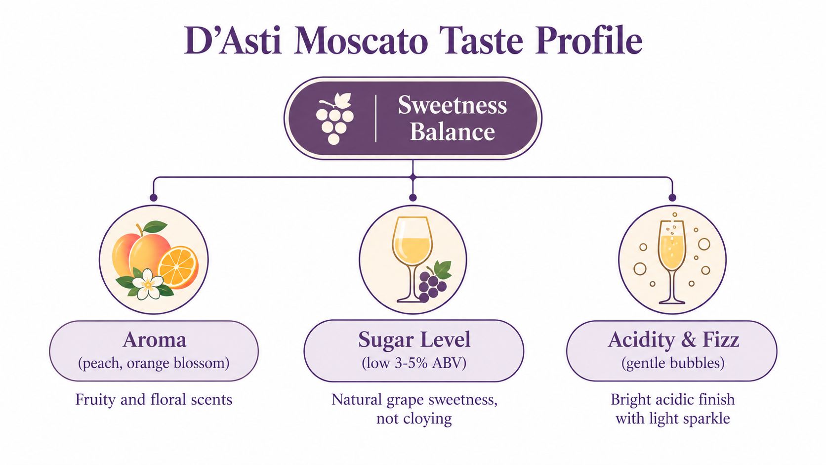 An infographic showing the taste profile of D'Asti Moscato, highlighting its aroma, sugar levels, and sparkling acidity.