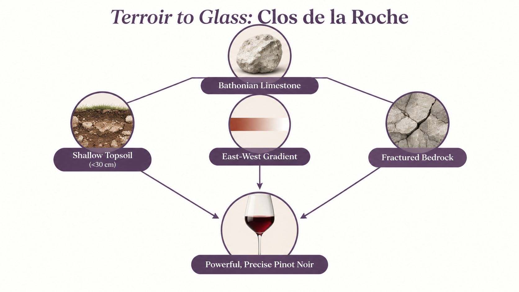 A diagram illustrating the terroir factors influencing Clos de la Roche wine, including limestone, soil, and bedrock.