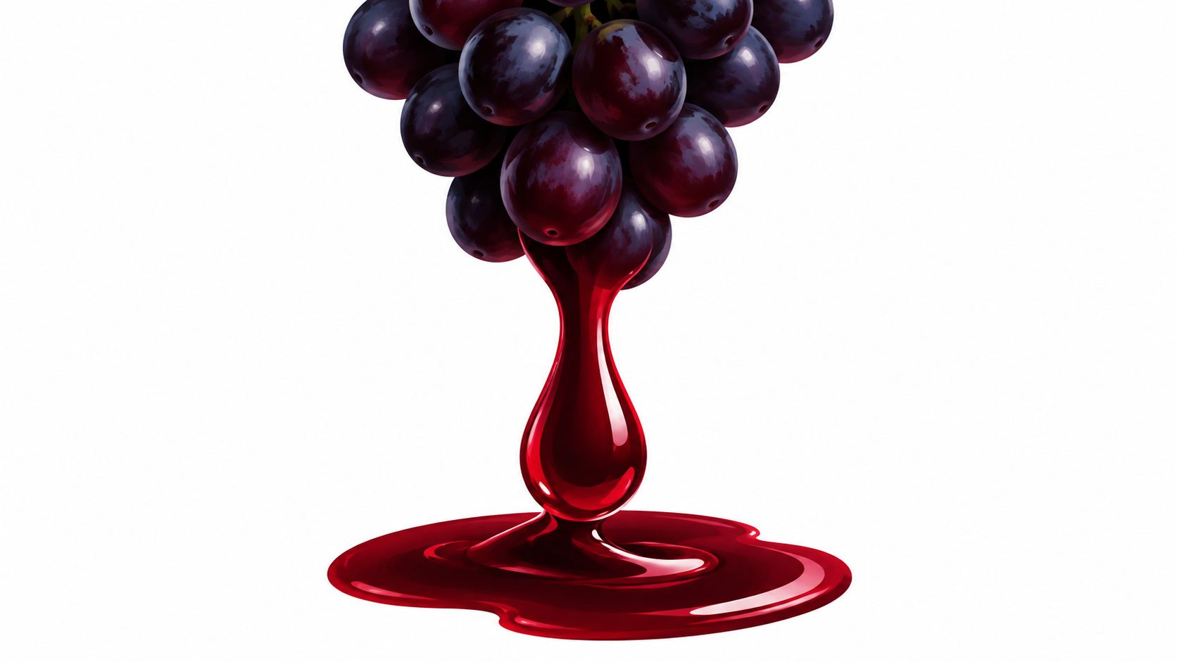 A cluster of dark purple grapes dripping red wine into a small puddle below on white background.