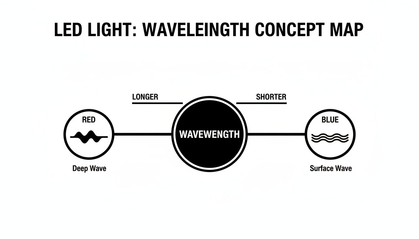 Concept map illustrating LED light wavelengths, showing longer red waves as deep waves and shorter blue waves as surface waves.