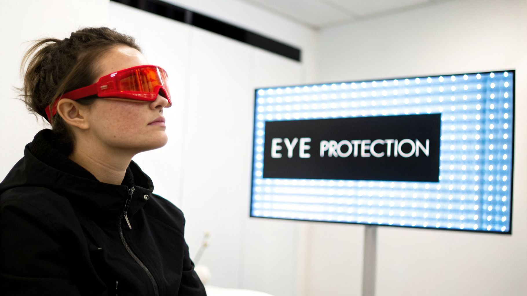 A woman wearing red goggles sits in front of a screen displaying "EYE PROTECTION."