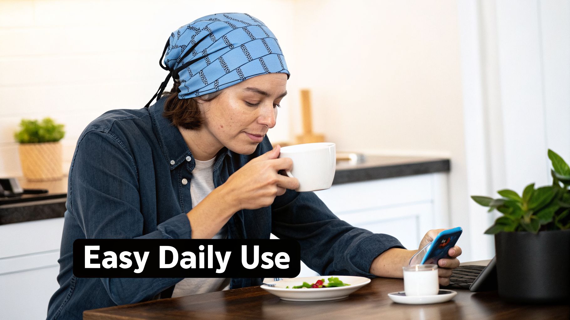 A woman wearing a blue therapy device on her head drinks coffee and uses her phone.