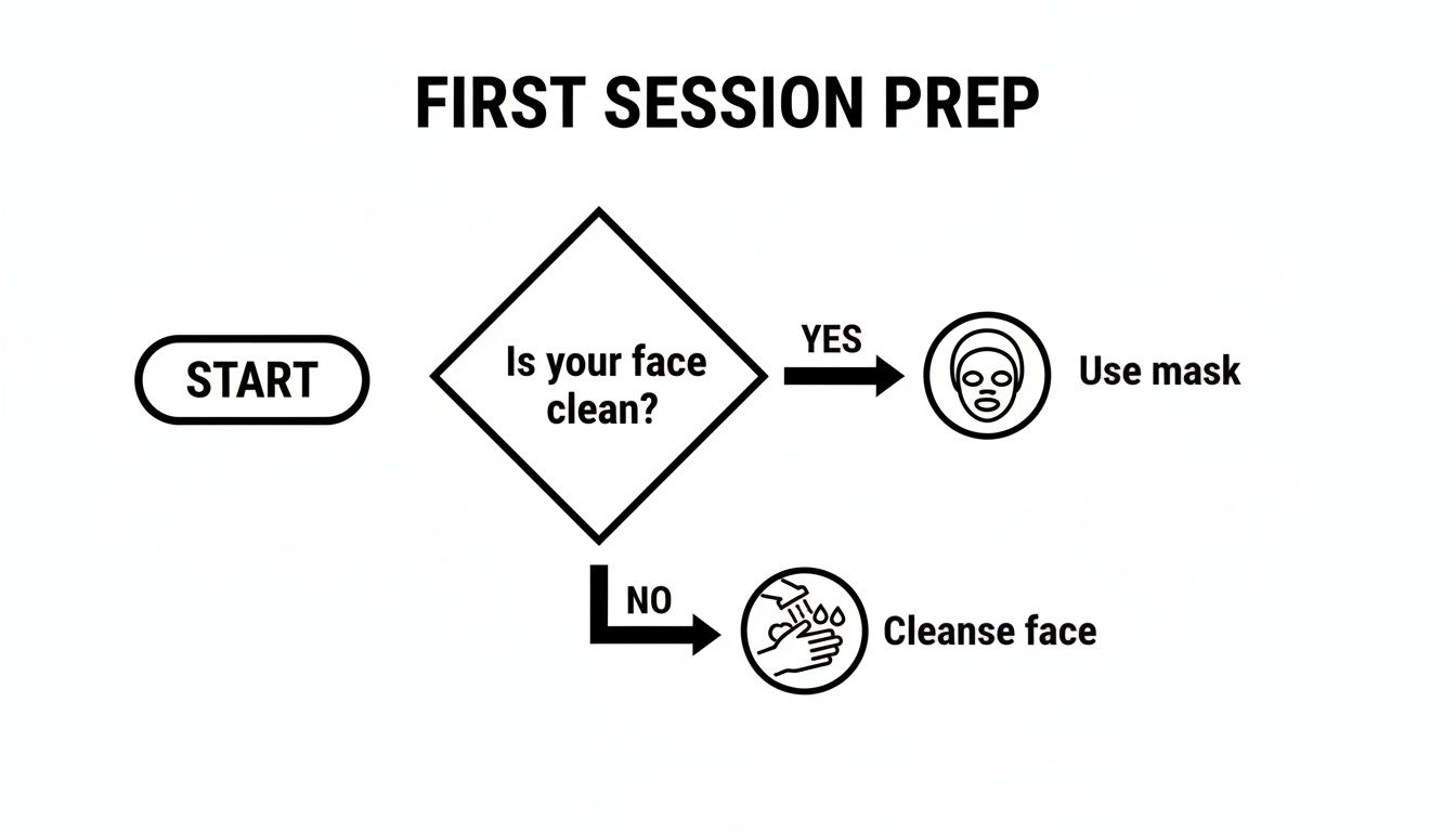 First session prep flowchart: Start, check face cleanliness, then cleanse face or use mask.