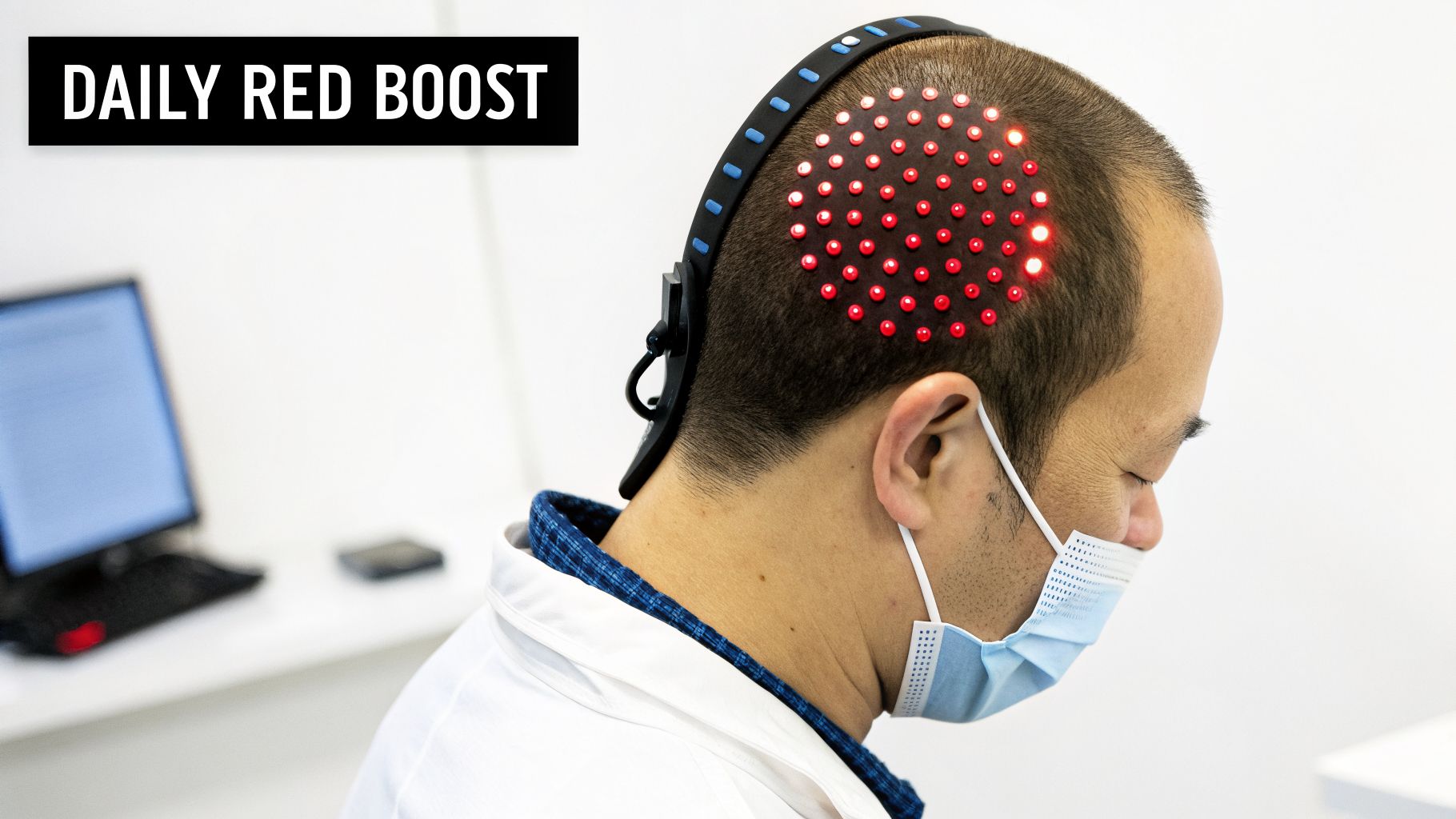 A person receives red light therapy on their scalp using a specialized LED device in a clinical setting.