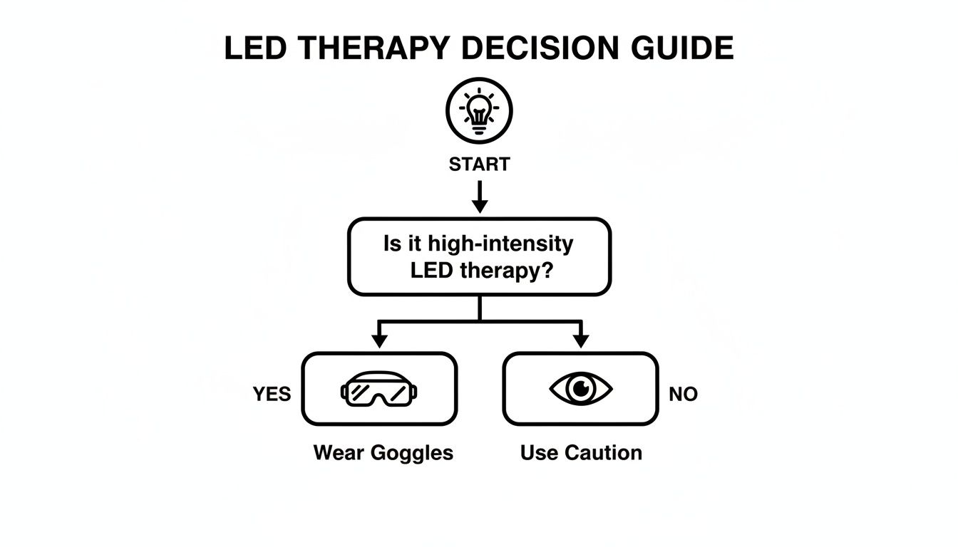 Flowchart guide for LED therapy, indicating to wear goggles for high-intensity and use caution otherwise.