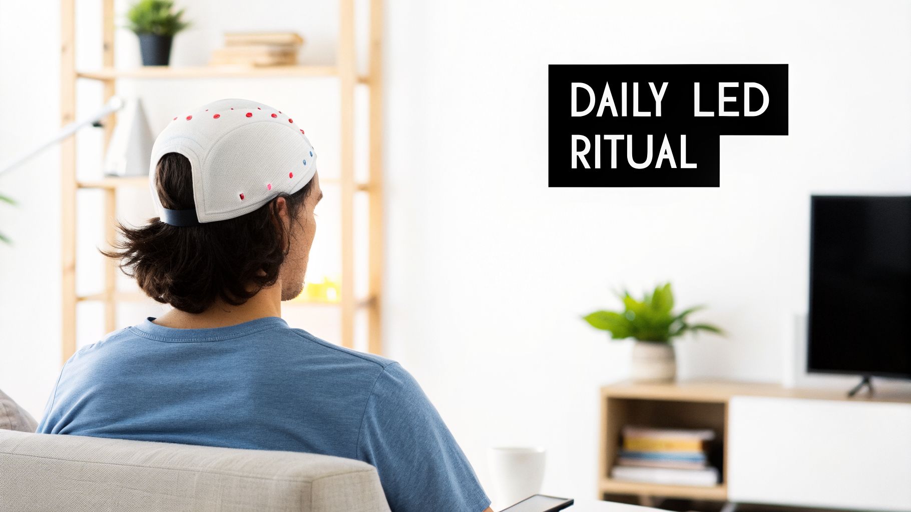 Person seen from behind wearing a white LED therapy cap for a daily hair ritual.