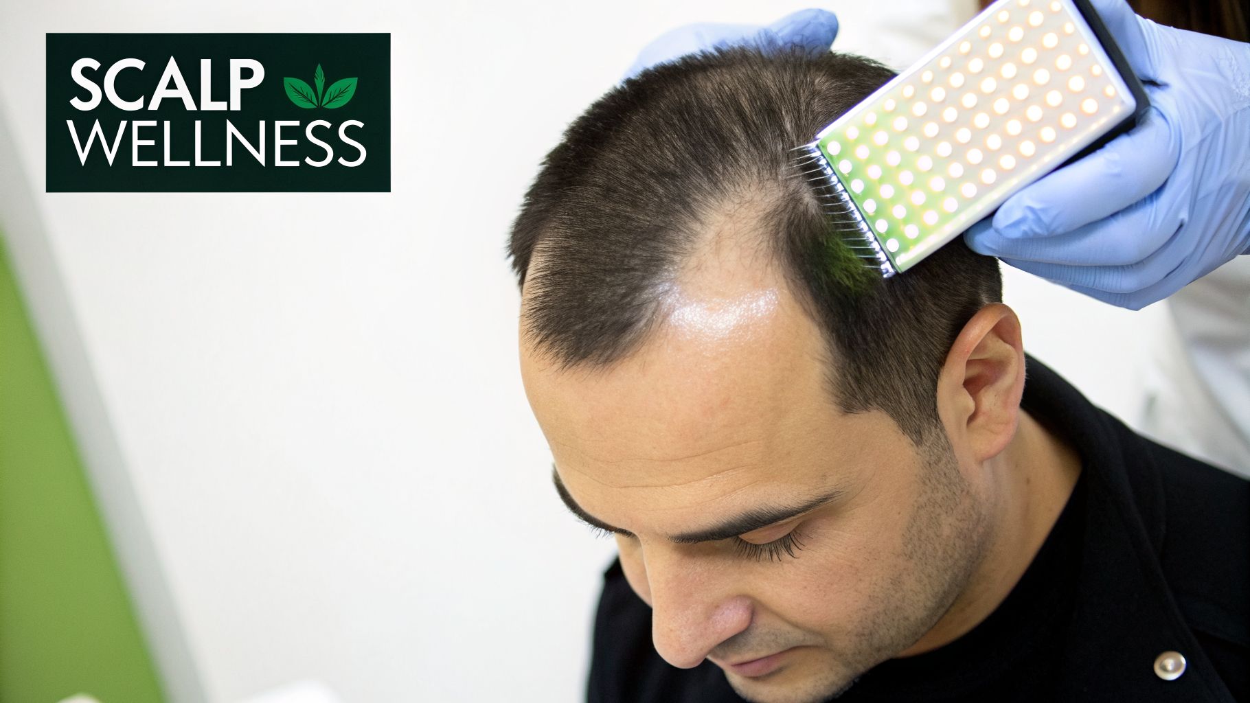 Man receiving low-level laser therapy on his scalp with a specialized comb device.
