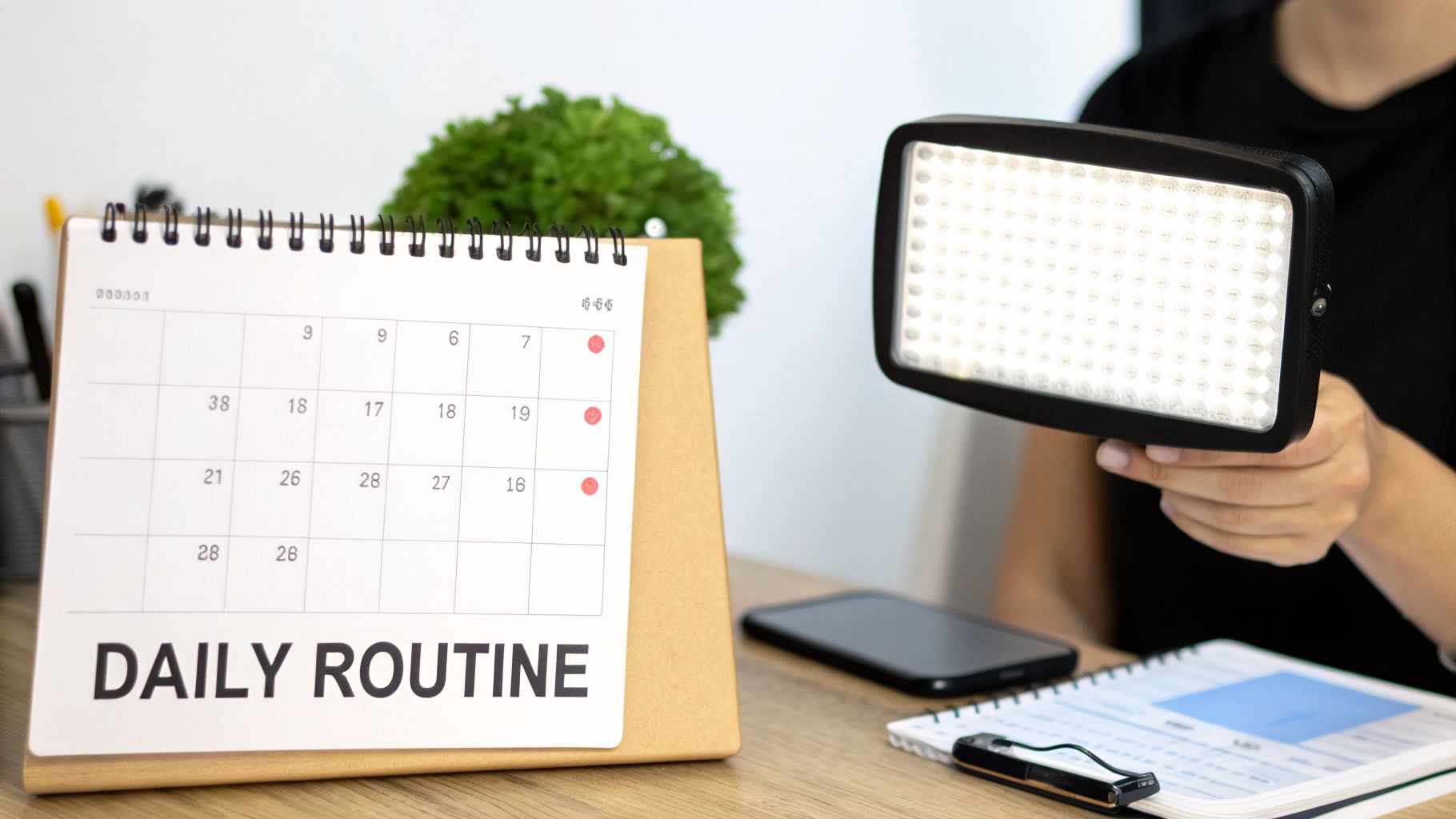 A person holds an LED light panel on a desk with a 'DAILY ROUTINE' calendar.