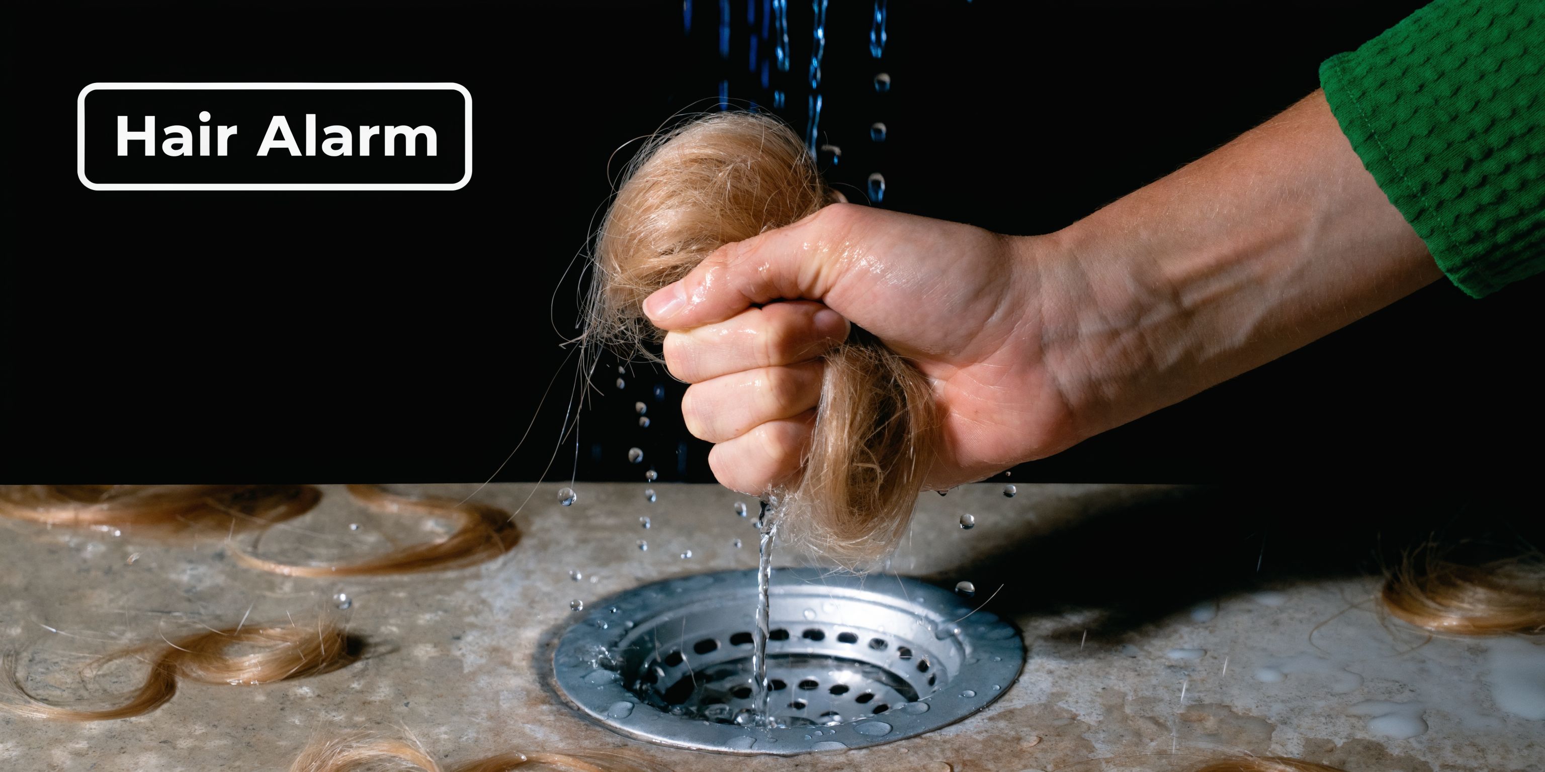 A hand squeezing a clump of wet blonde hair over a bathroom drain, symbolizing hair shedding problems.