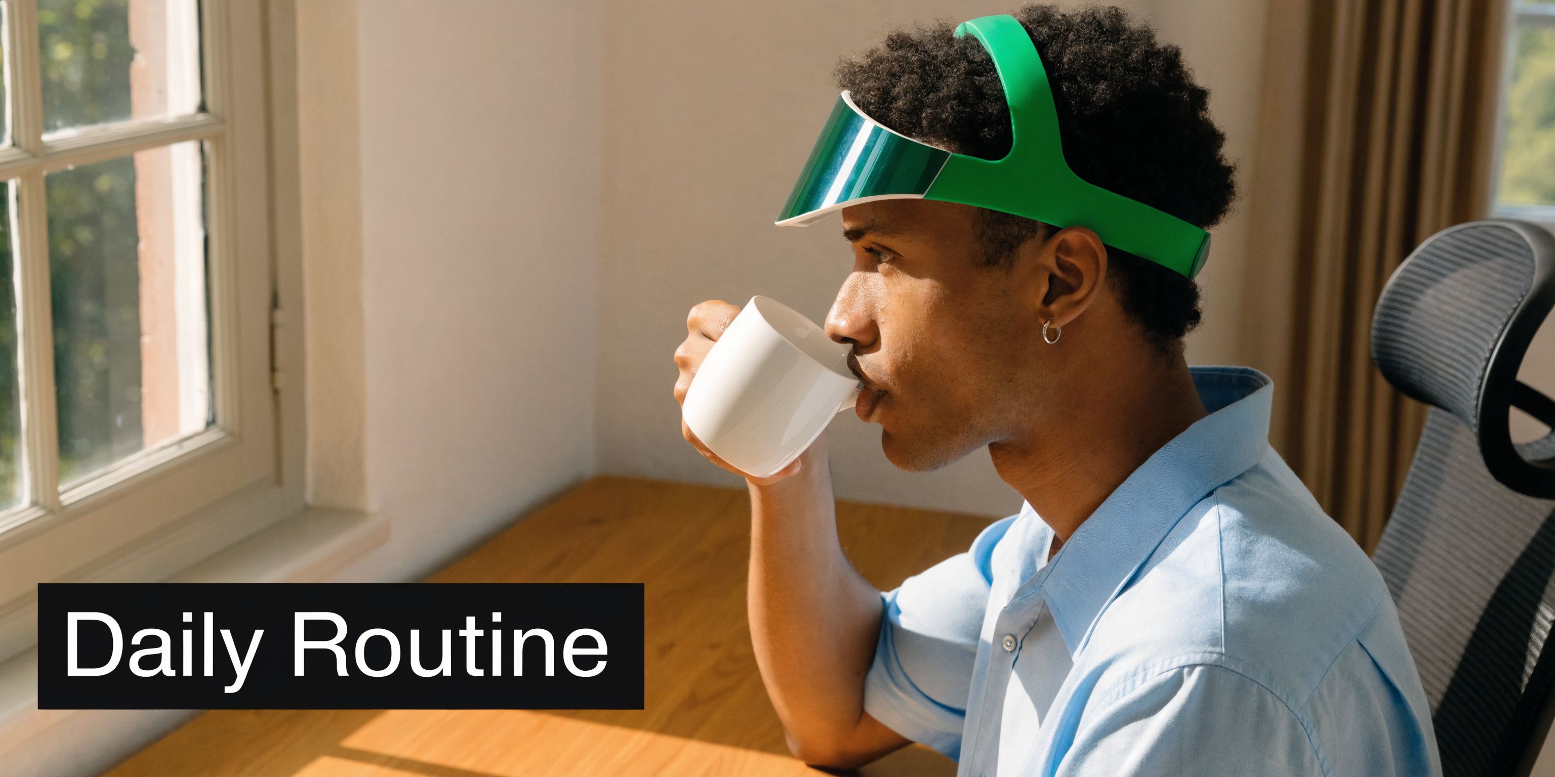 A young man wearing a wearable light therapy device on his forehead while drinking coffee near a window.