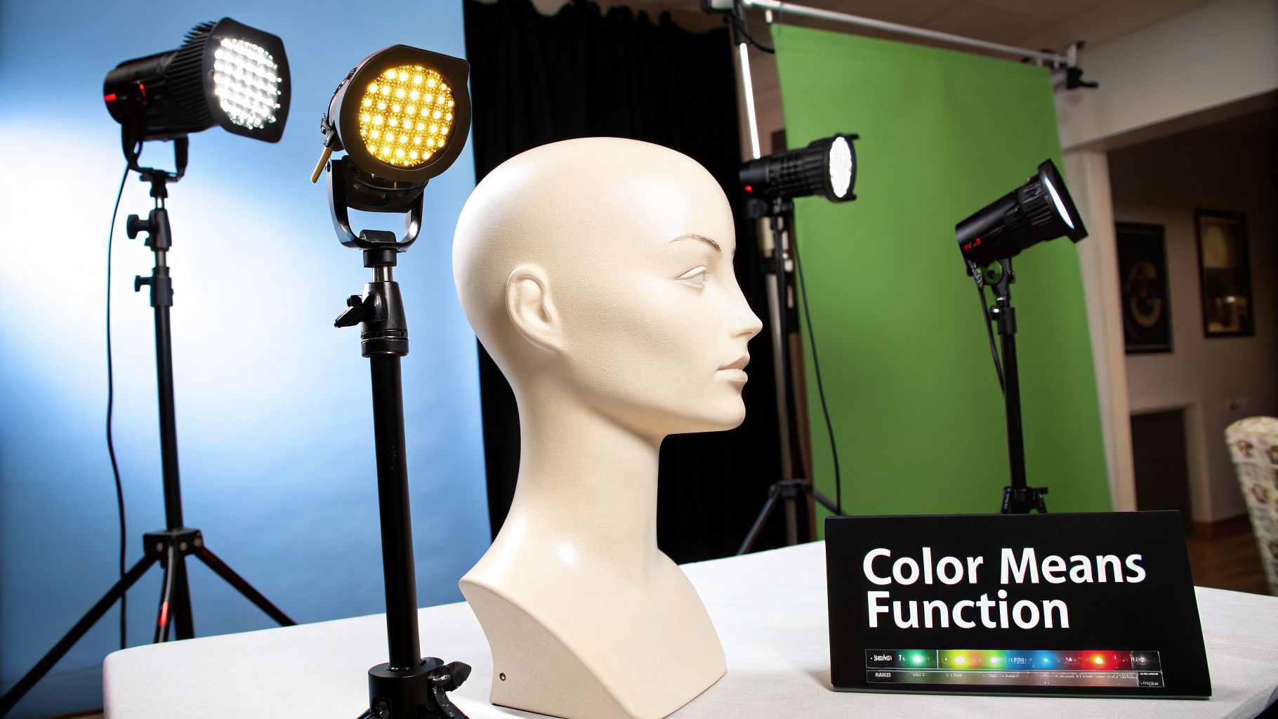 A studio setup with LED video lights on stands, a mannequin head, and a 'Color Means Function' sign.