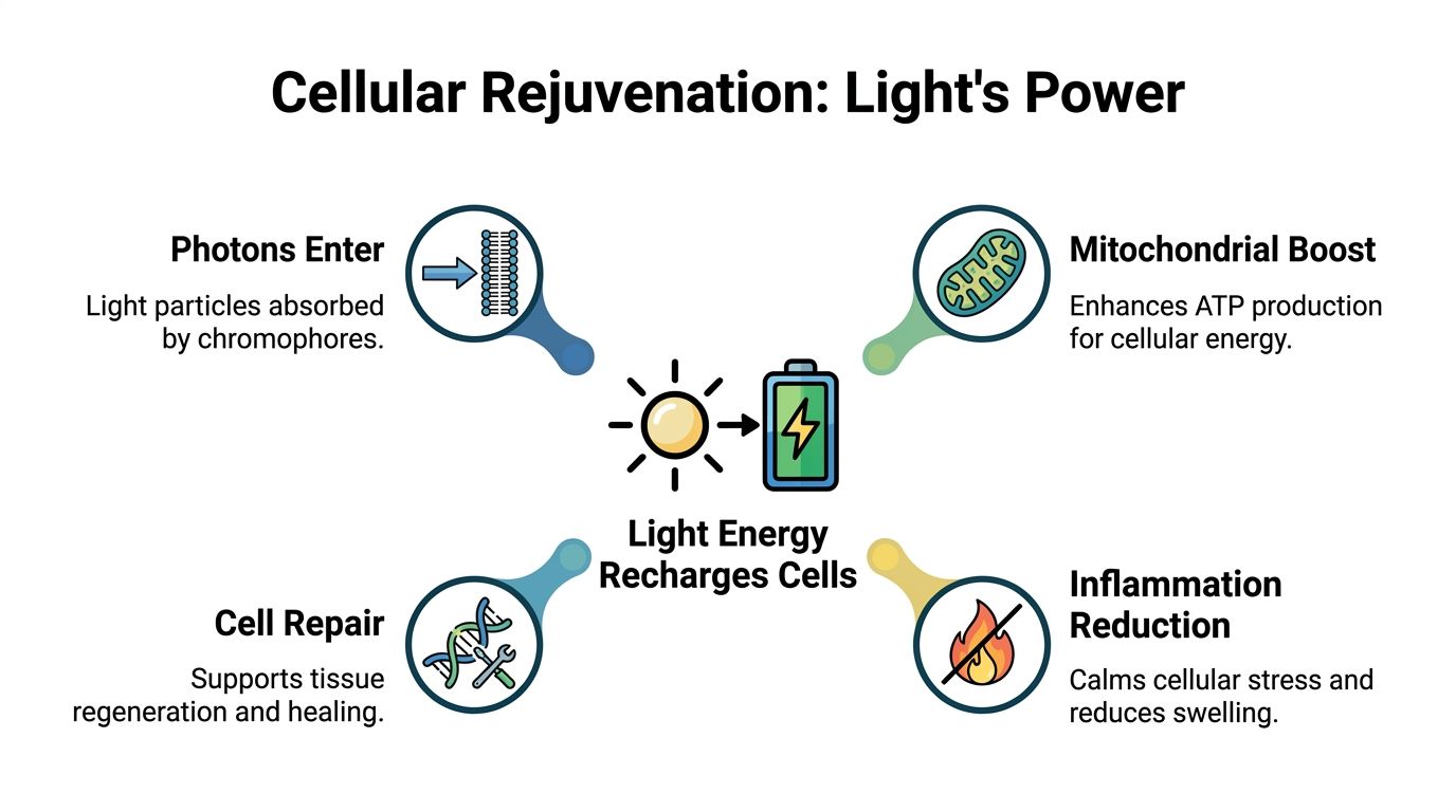 An infographic illustrating four cellular rejuvenation benefits of light therapy: photons, mitochondrial boost, inflammation reduction, and repair.