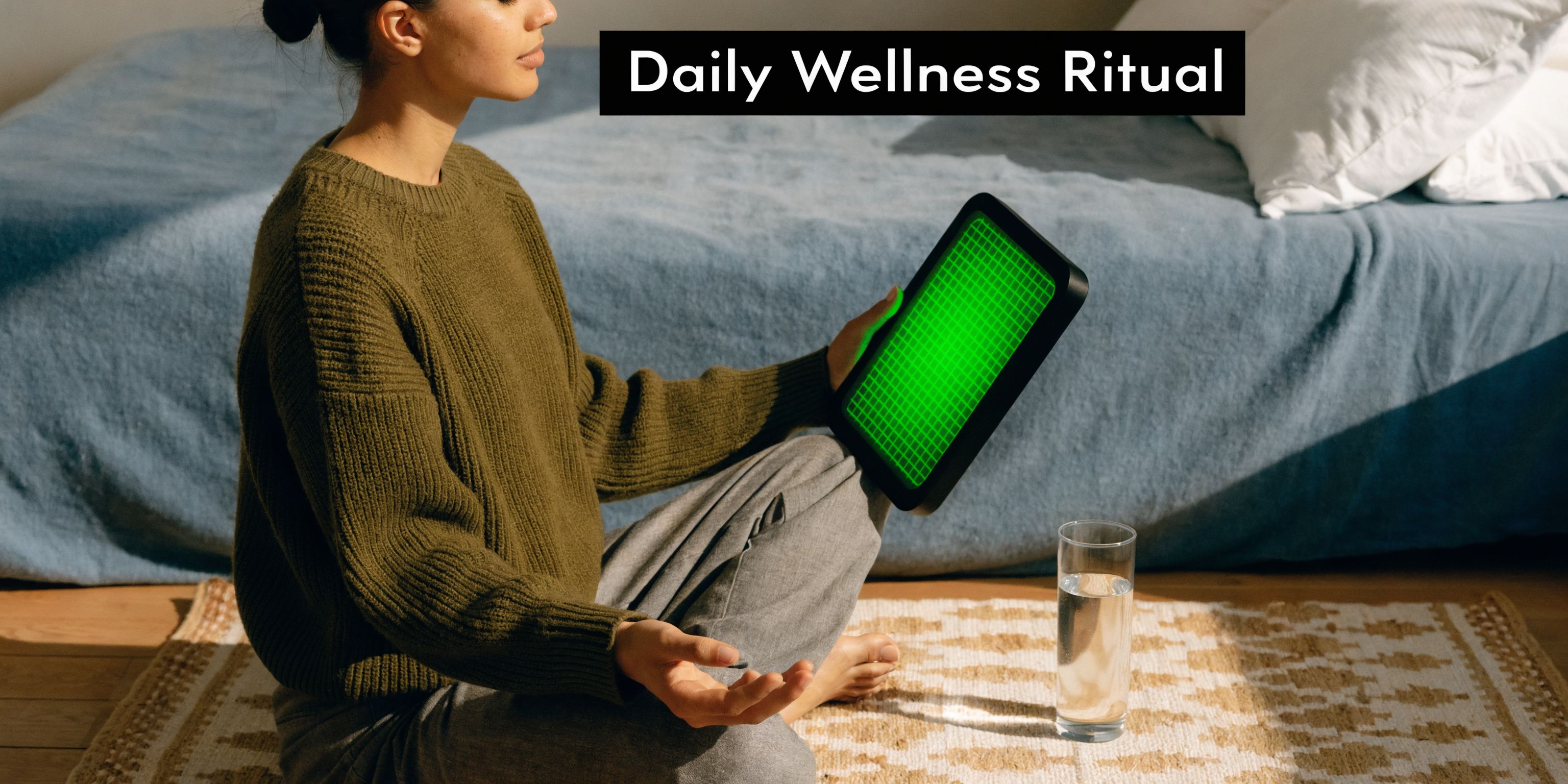 A woman in a green sweater sits on a rug meditating with an infrared light therapy device.