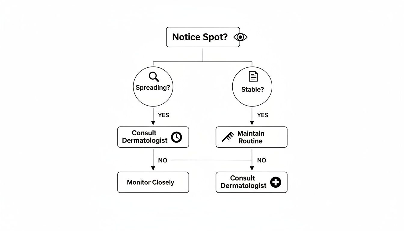 A flowchart guides decisions after noticing a spot, based on its spreading or stability.