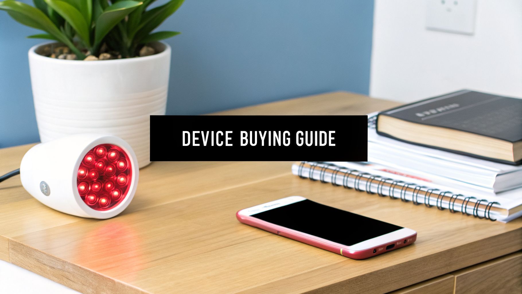 A red light therapy device on a wooden desk with a phone, plant, and books. 'DEVICE BUYING GUIDE' text.