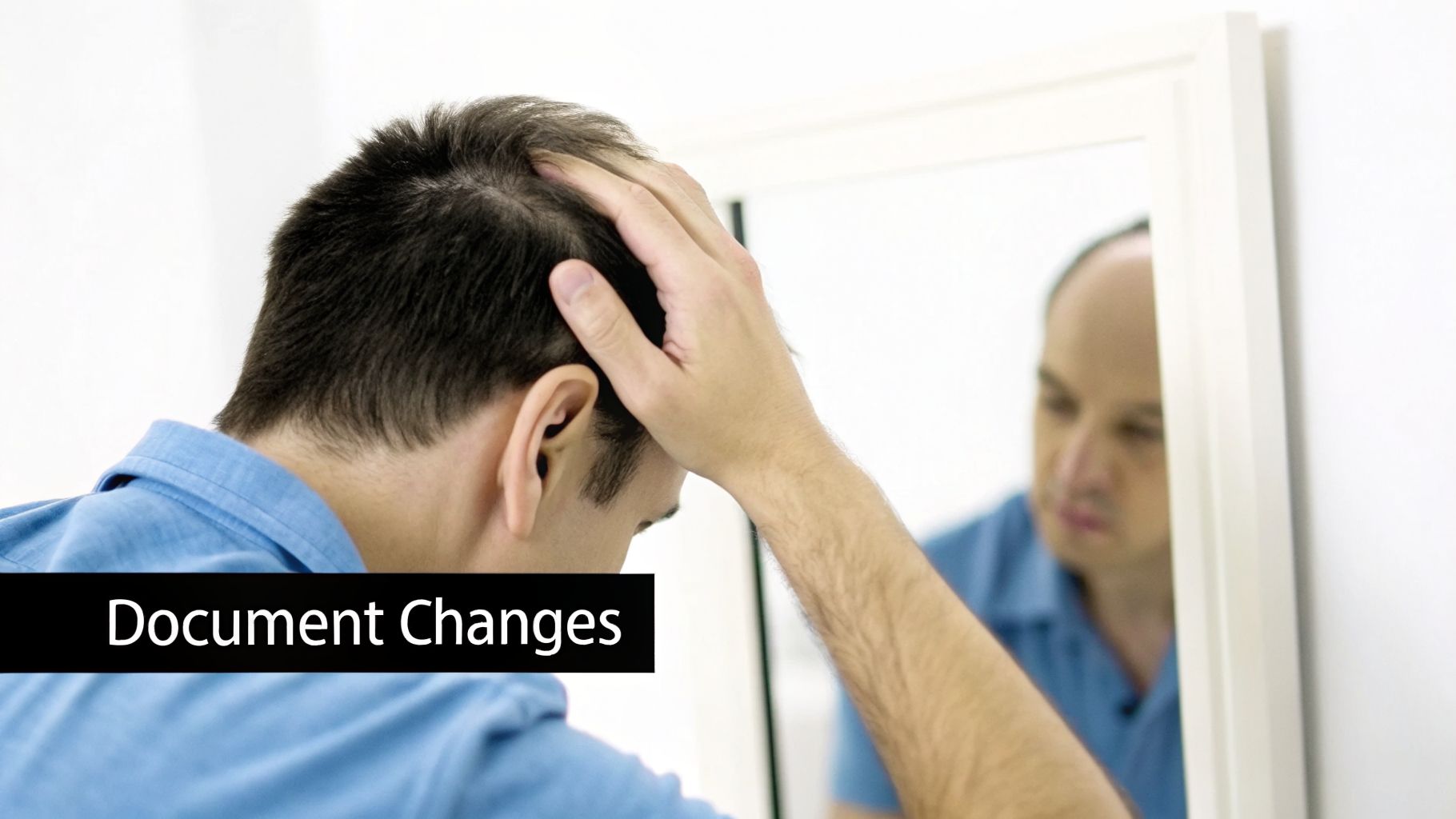 Man examining his scalp in a mirror, appearing concerned about hair loss.
