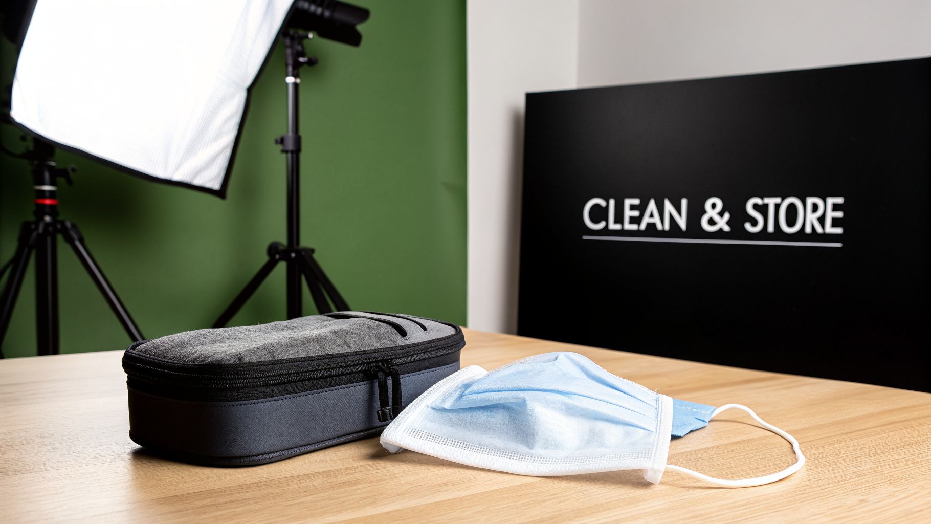 A blue surgical mask and a gray storage case sit on a wooden table near a 'CLEAN & STORE' sign.