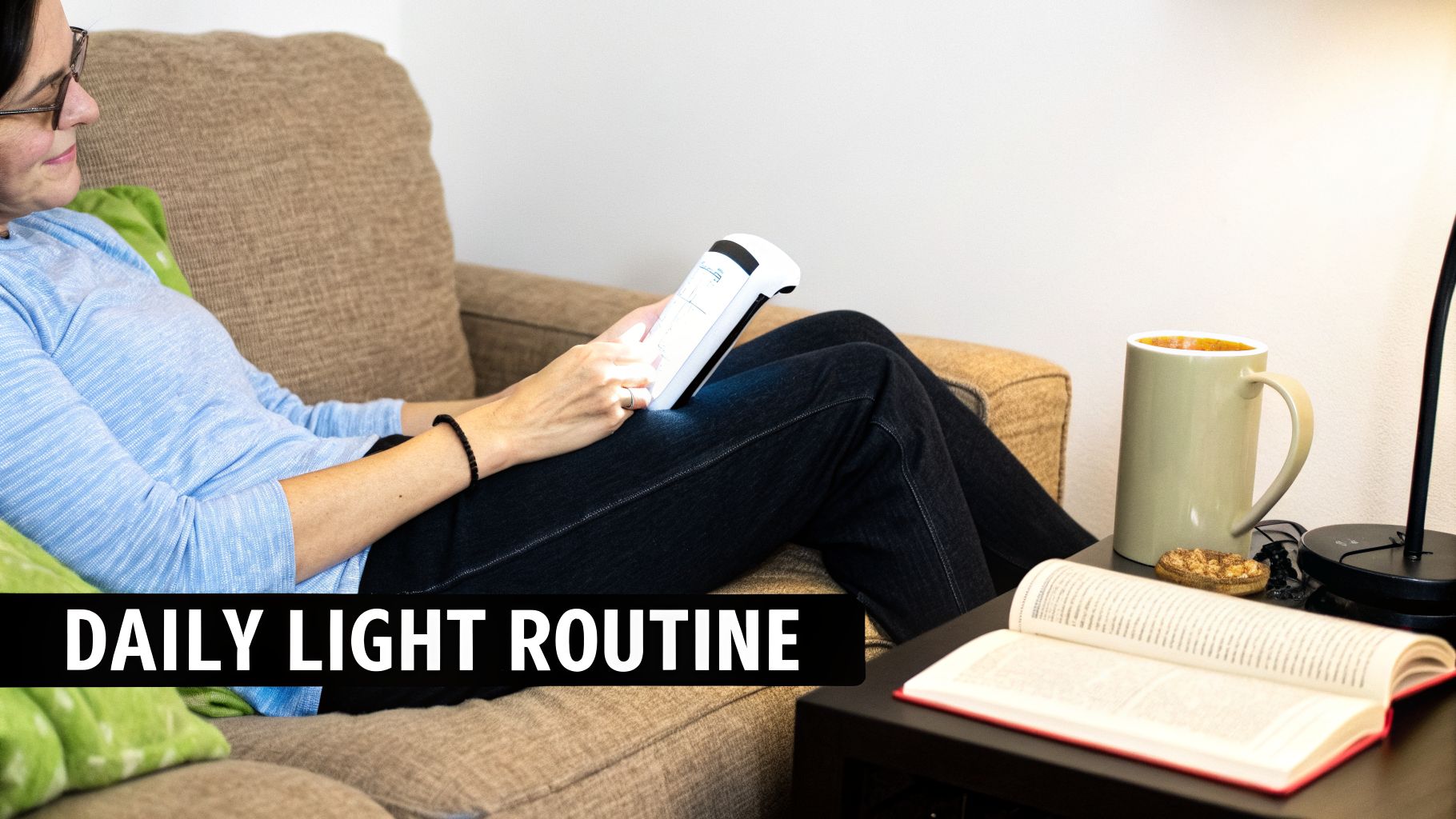 Woman relaxes on couch using a handheld light therapy device, with a mug and open book nearby.