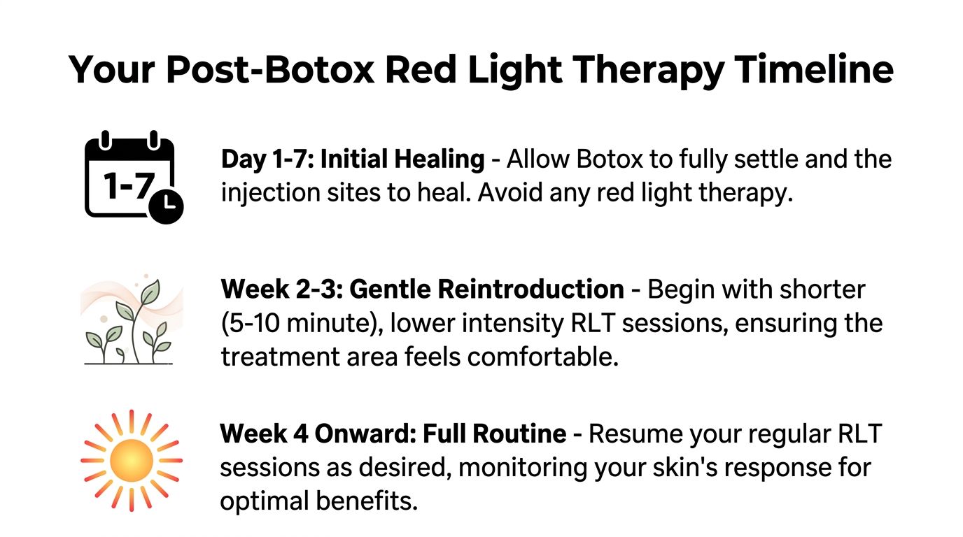 A timeline graphic showing post-botox guidelines for safely resuming red light therapy sessions over four weeks.
