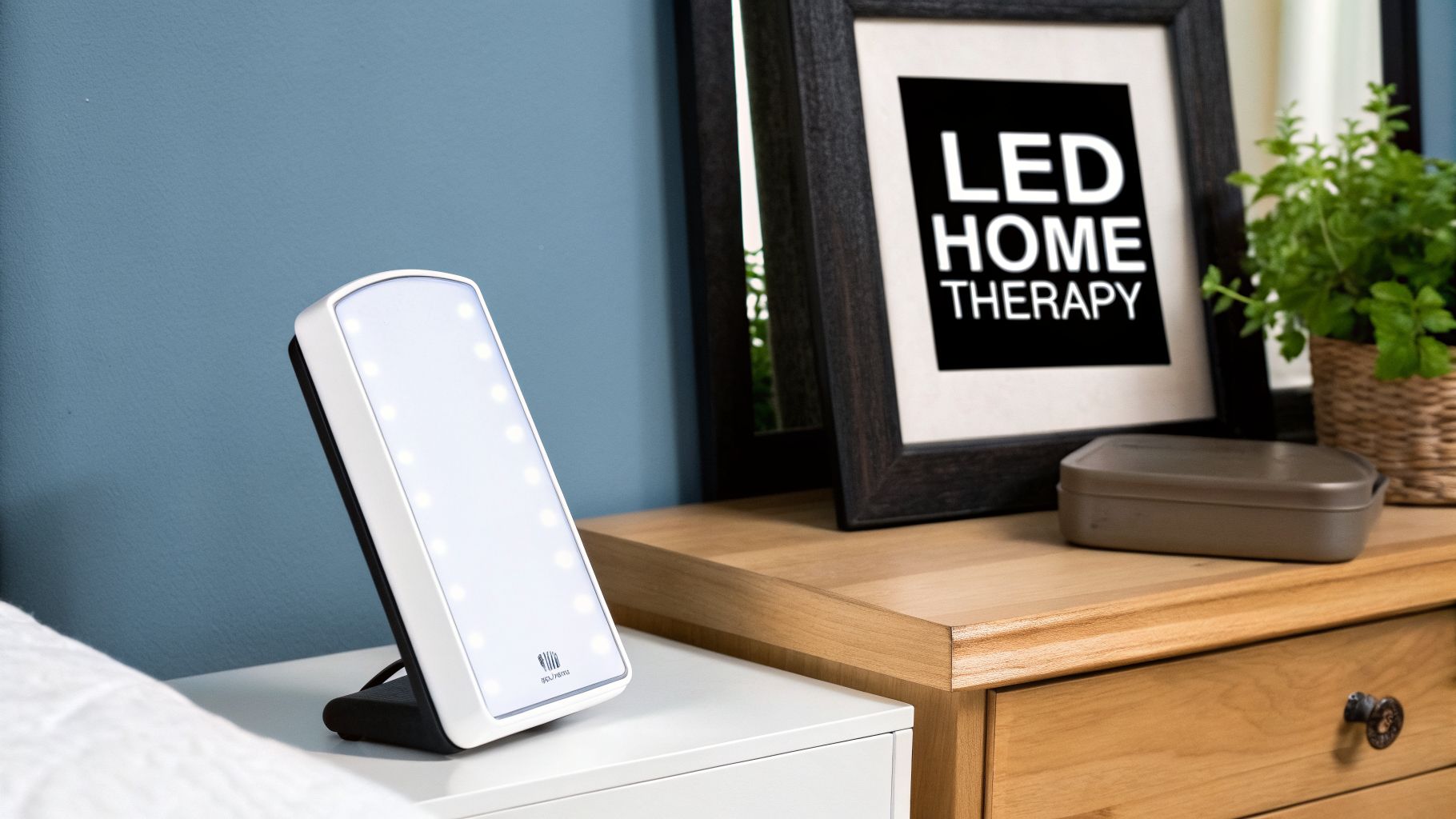 A white LED therapy lamp stands on a nightstand, with a 'LED HOME THERAPY' sign in the background.