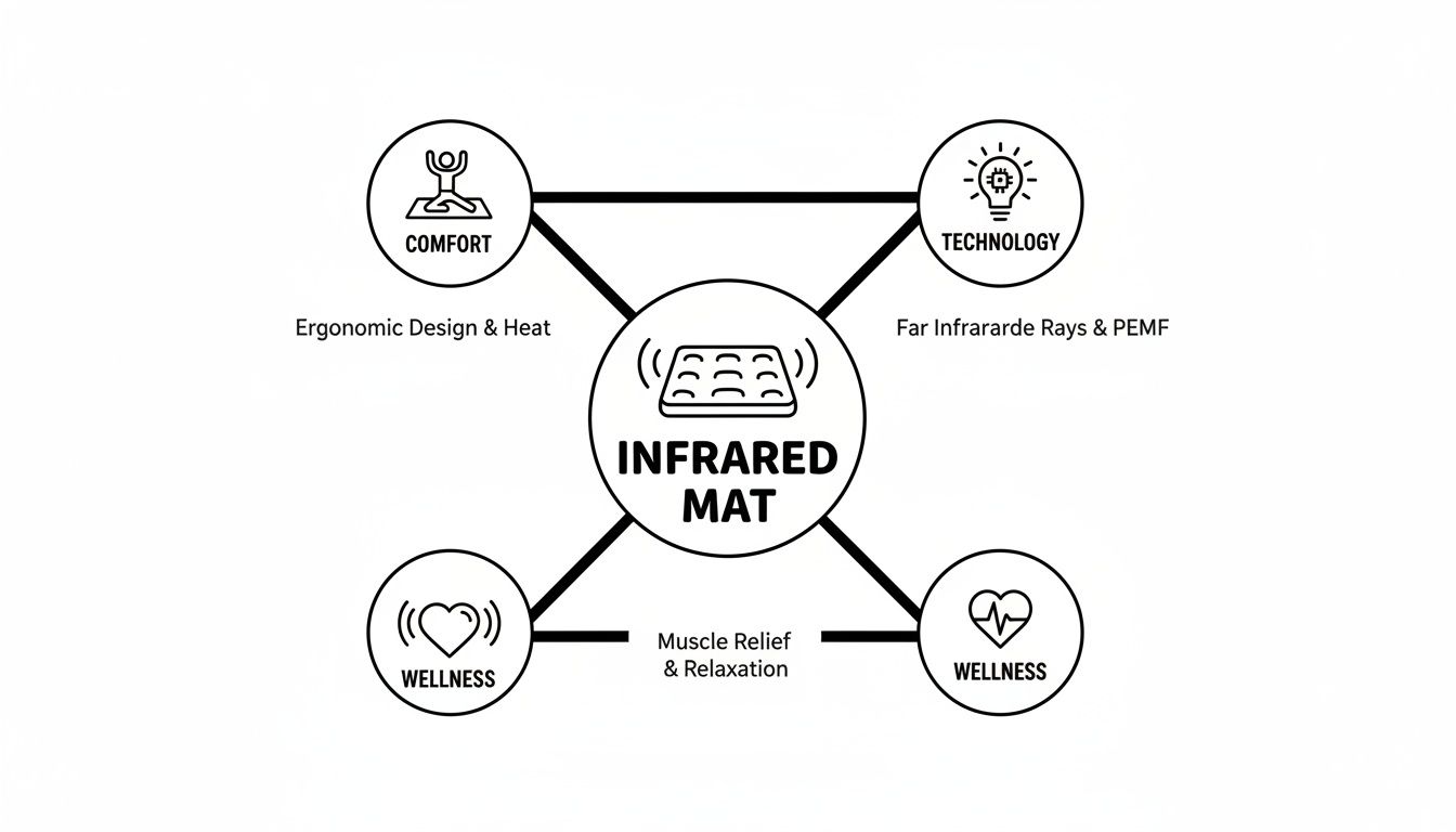 Diagram illustrating the comfort, technology, and wellness benefits of an infrared mat.