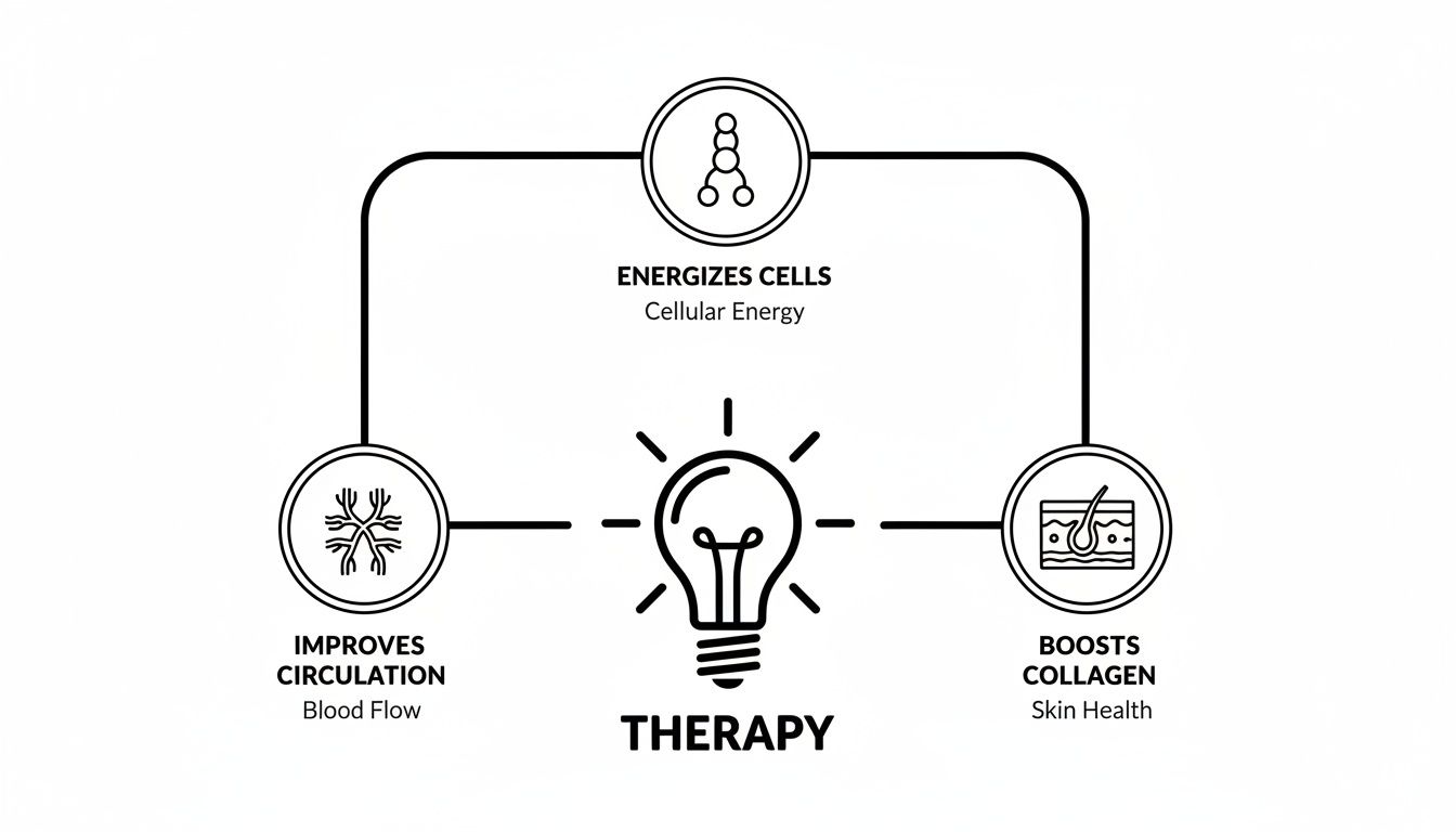 Diagram illustrating therapy benefits: energizes cells, improves circulation, and boosts collagen for skin health.