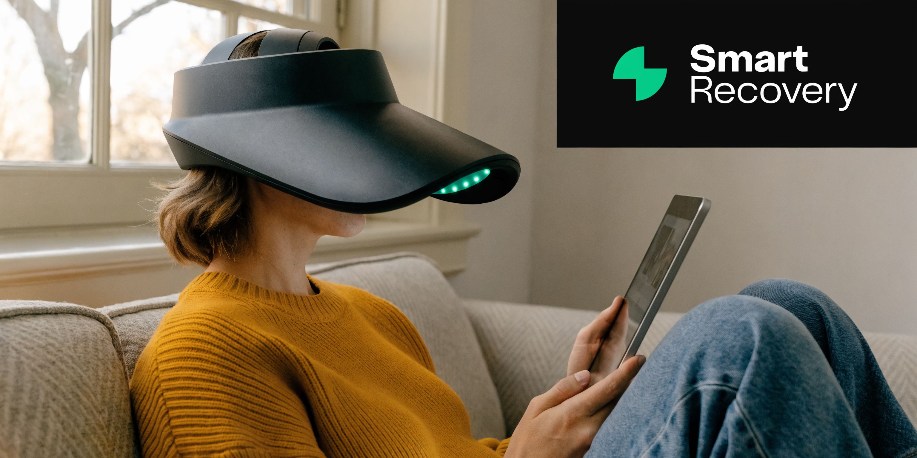 A person wearing a sleek black light therapy visor while sitting on a couch using a tablet.