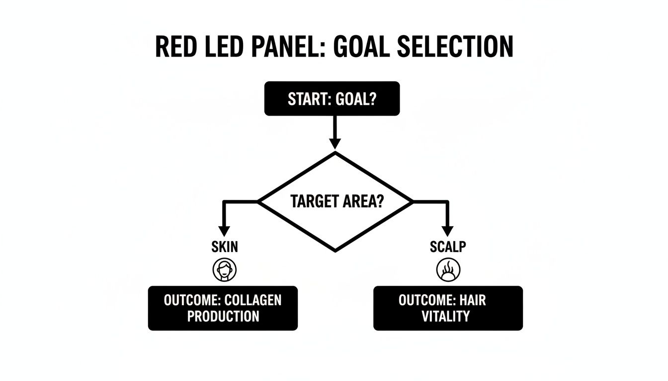 Flowchart illustrating Red LED Panel goal selection, guiding users to choose between skin for collagen production or scalp for hair vitality.
