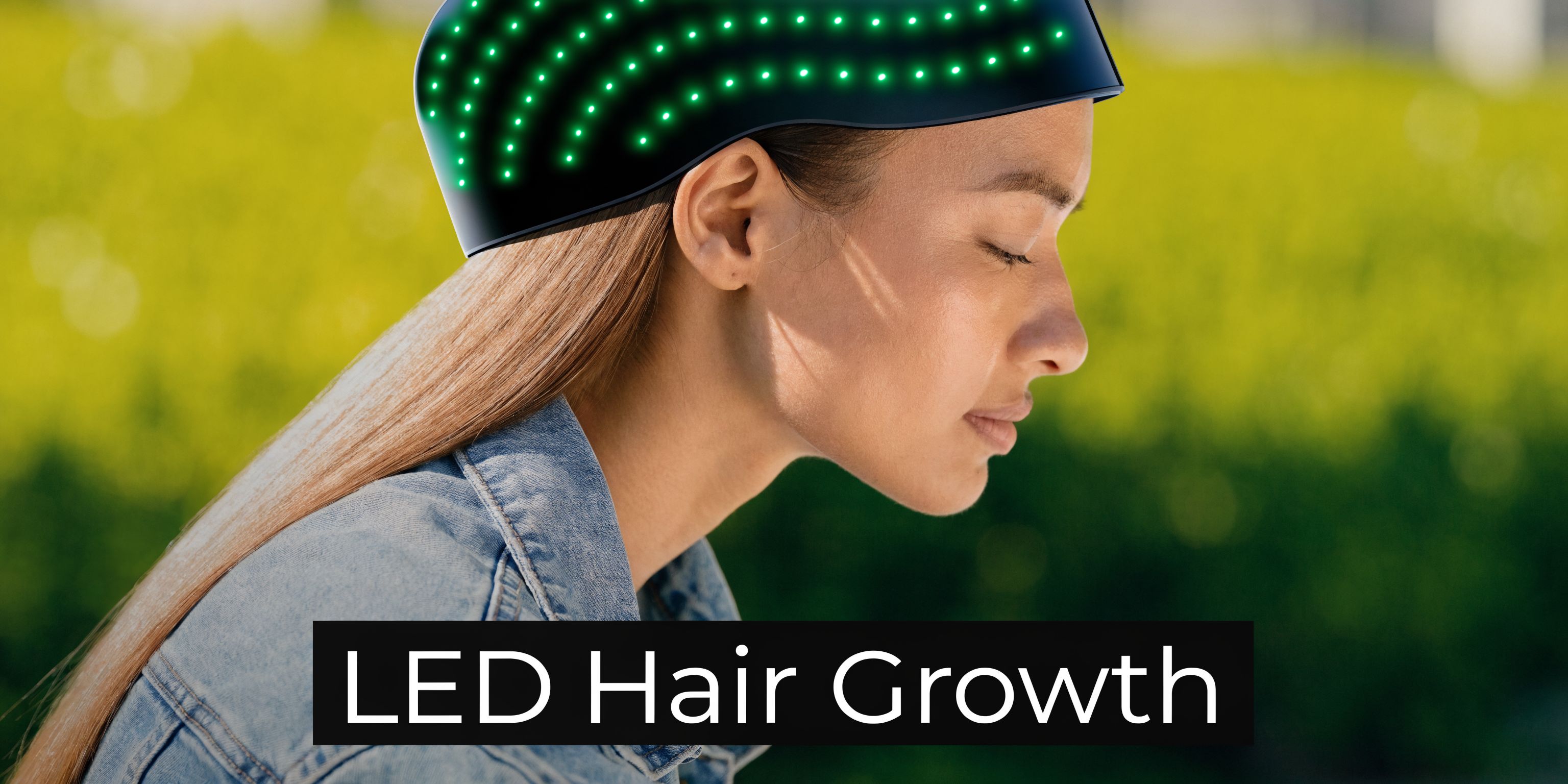 A woman wearing a high-tech LED light therapy cap designed to promote hair growth in her hair.