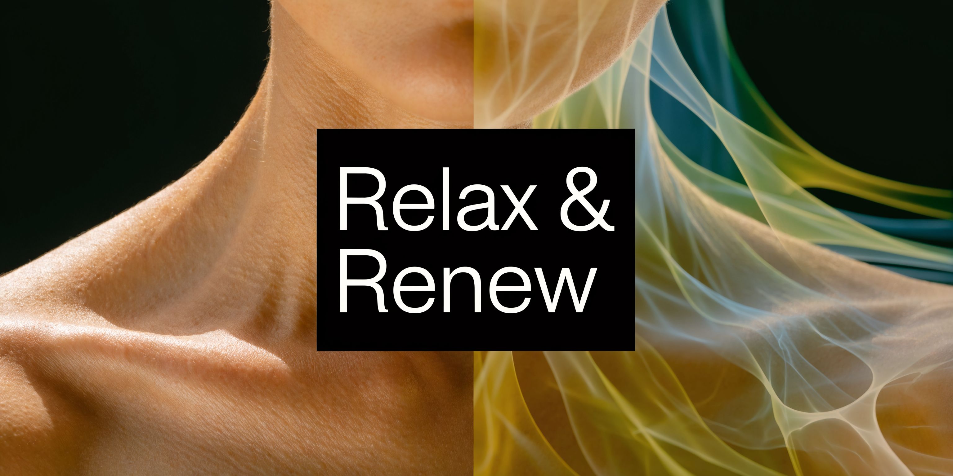 A split screen image showing human skin texture on one side and abstract colorful light energy flows