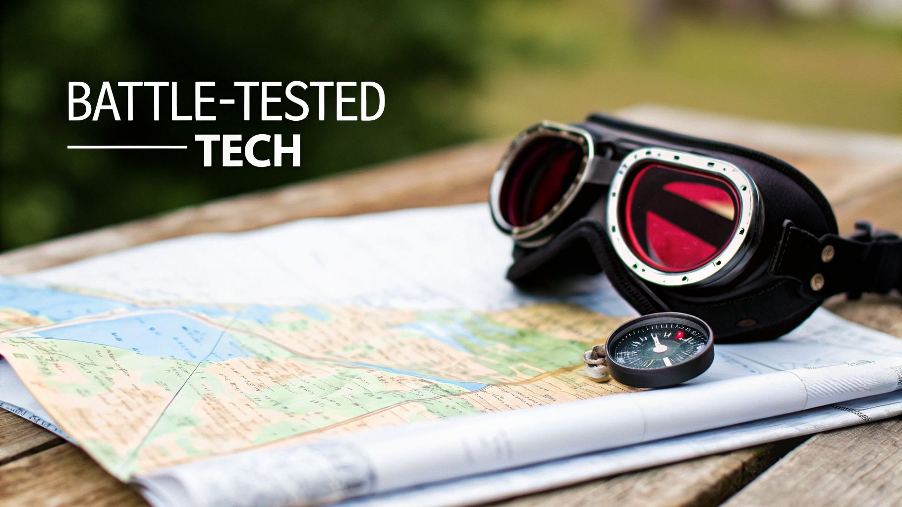 Black goggles with red lenses, a compass, and a map on a wooden table, featuring 'BATTLE-TESTED TECH' text.