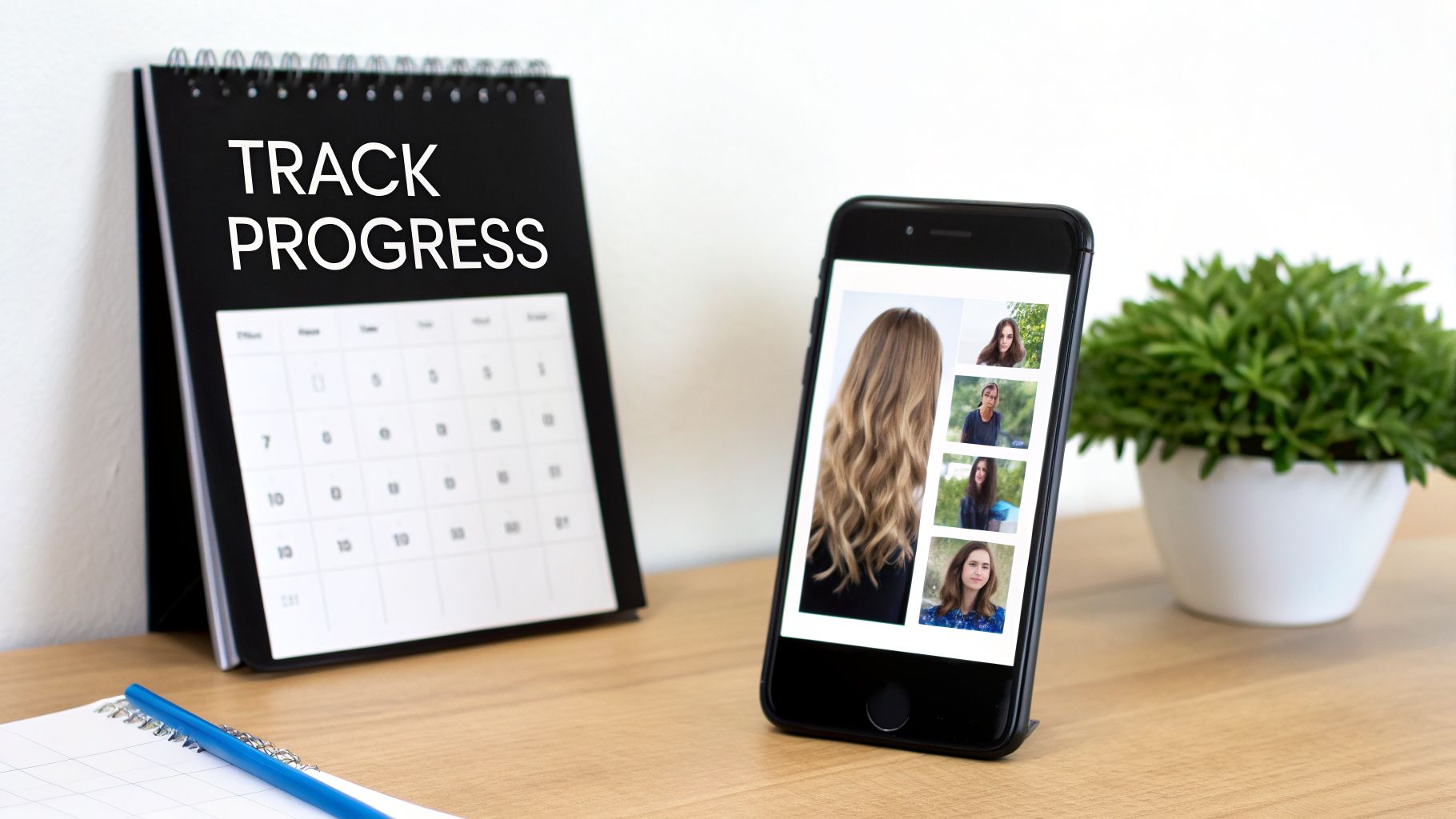 Black desk calendar displaying 'TRACK PROGRESS' next to a smartphone showing hair transformation images.