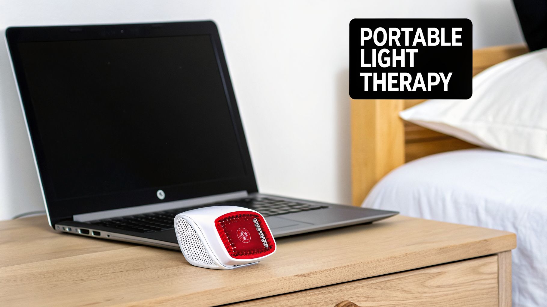 A white and red portable light therapy device sits on a wooden nightstand next to a laptop in a bedroom.