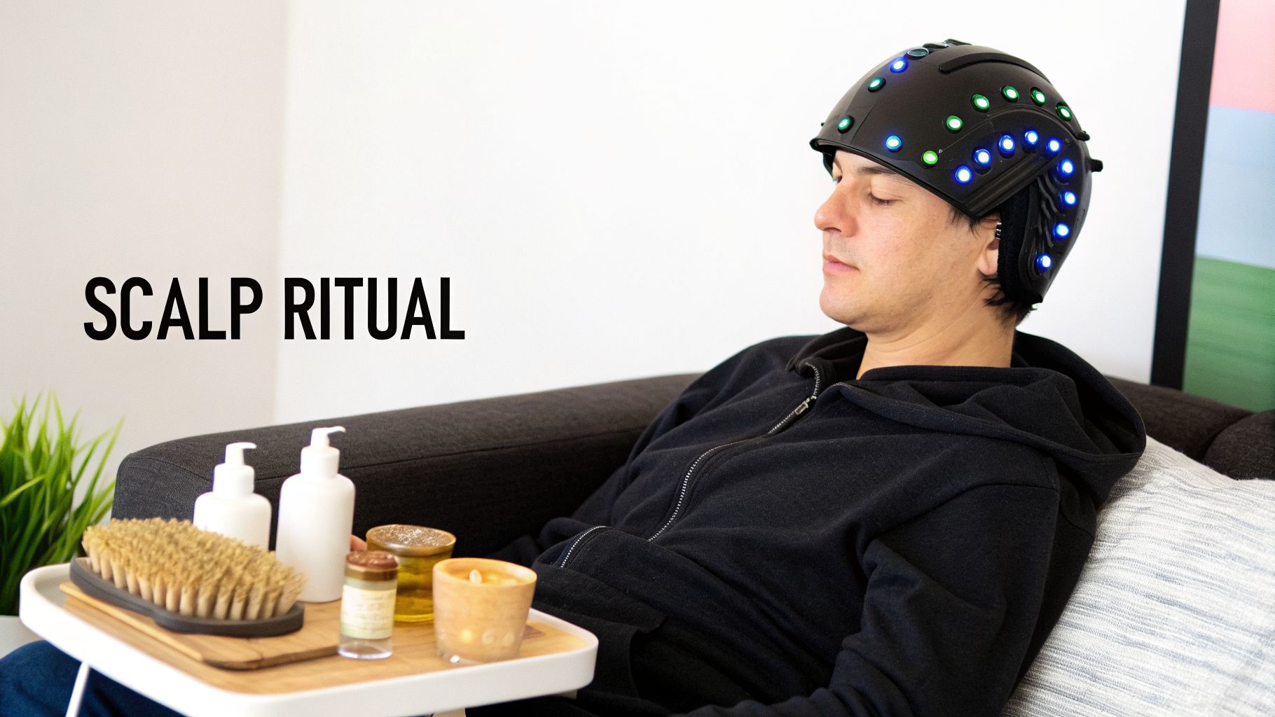 A man relaxes on a couch wearing a black LED-light therapy helmet for a scalp ritual.