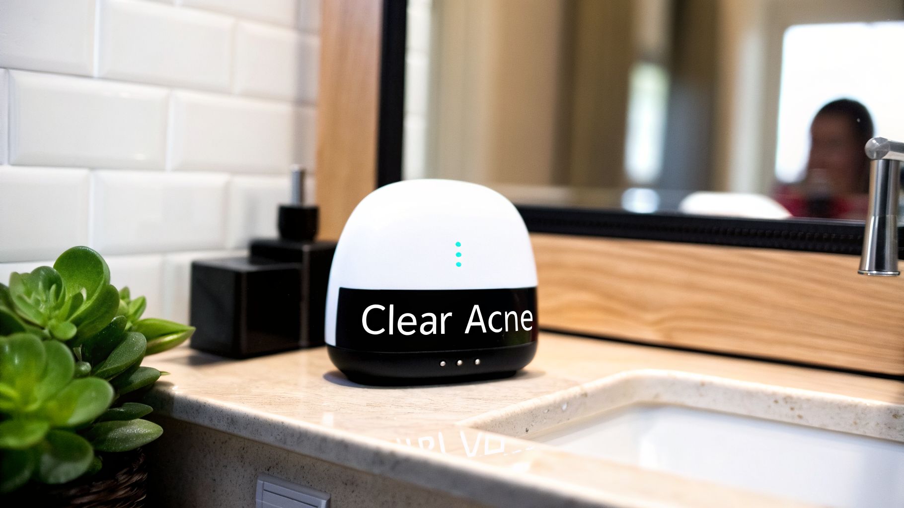 A white and black 'Clear Acne' device with blue lights sits on a bathroom counter.