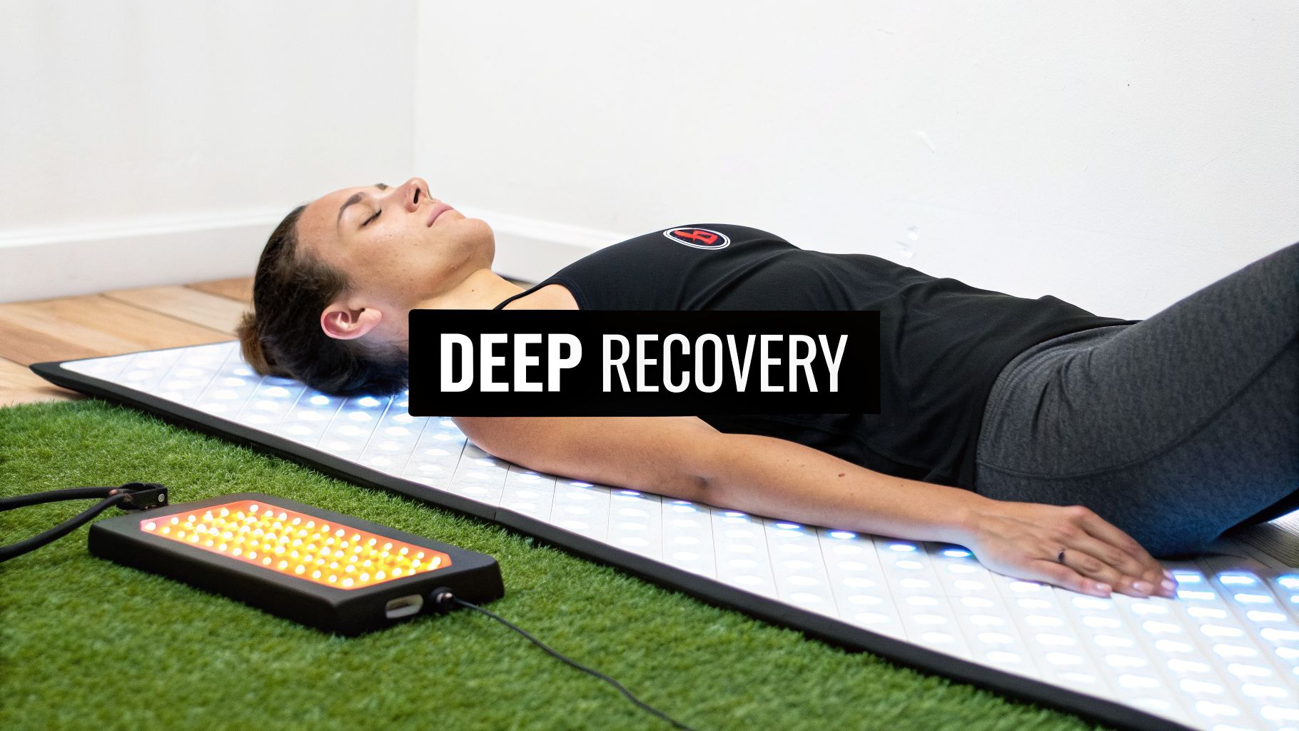A woman lies on a light therapy mat for deep recovery, with an infrared device nearby.