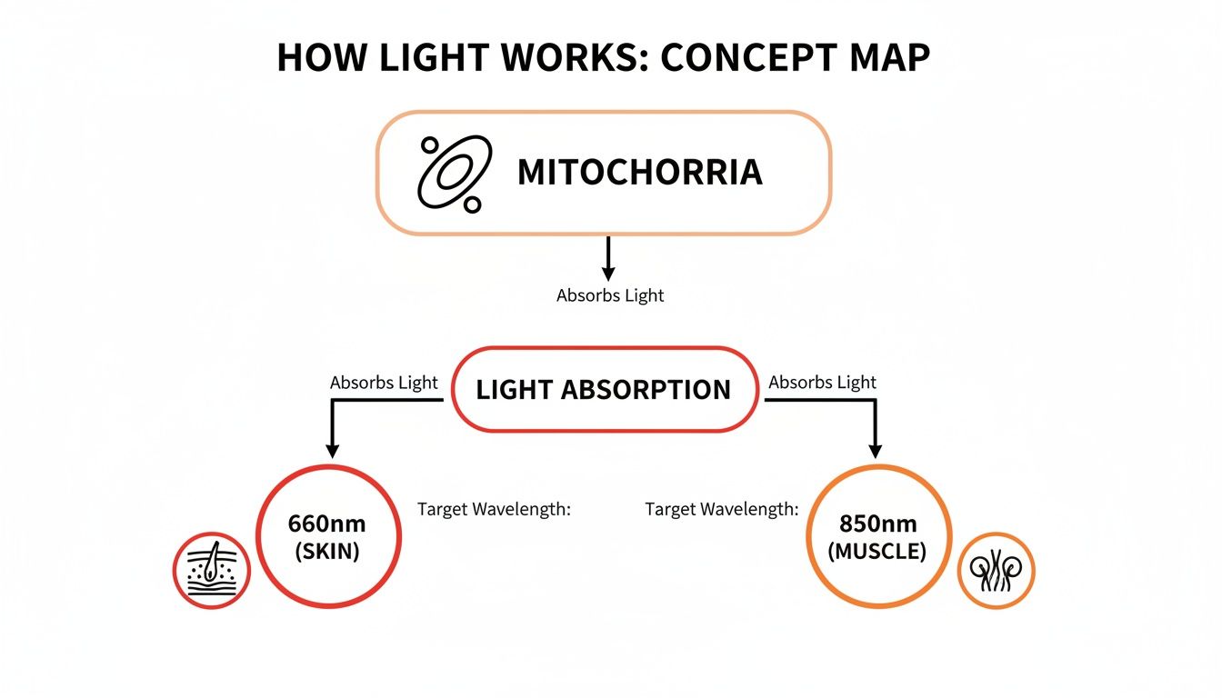 Concept map illustrating how light absorption by mitochondria targets specific wavelengths for skin and muscle.