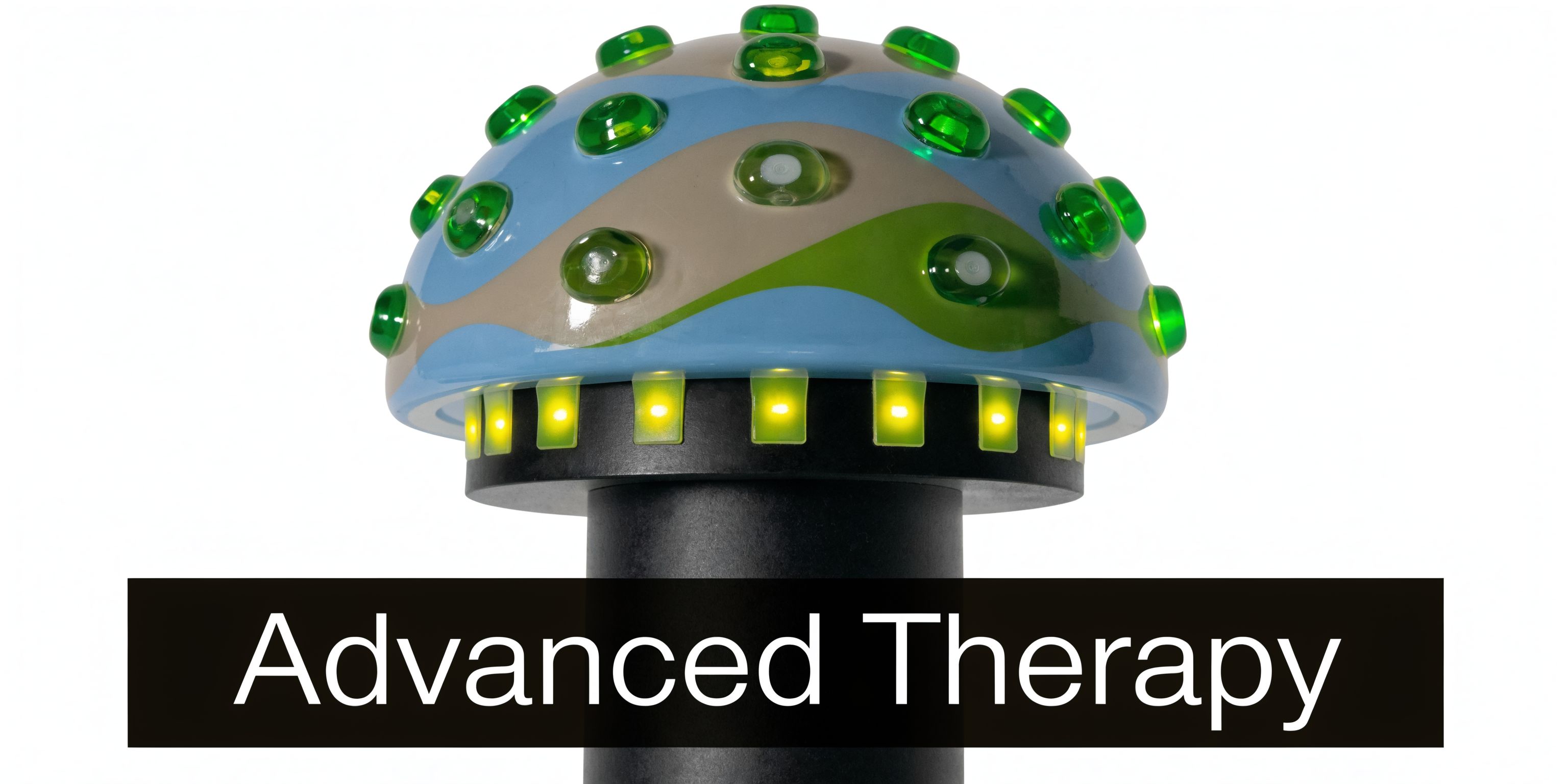 A mushroom-shaped device featuring green LED lights for advanced red and blue light therapy treatments.